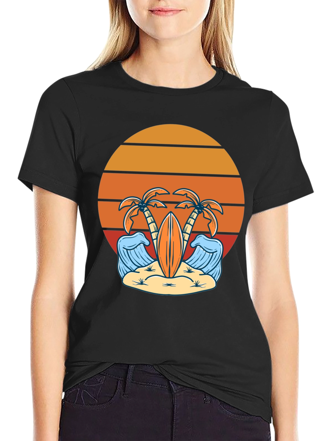 Retro Beach Vibes T-Shirt - Palm Trees & Surfboard
