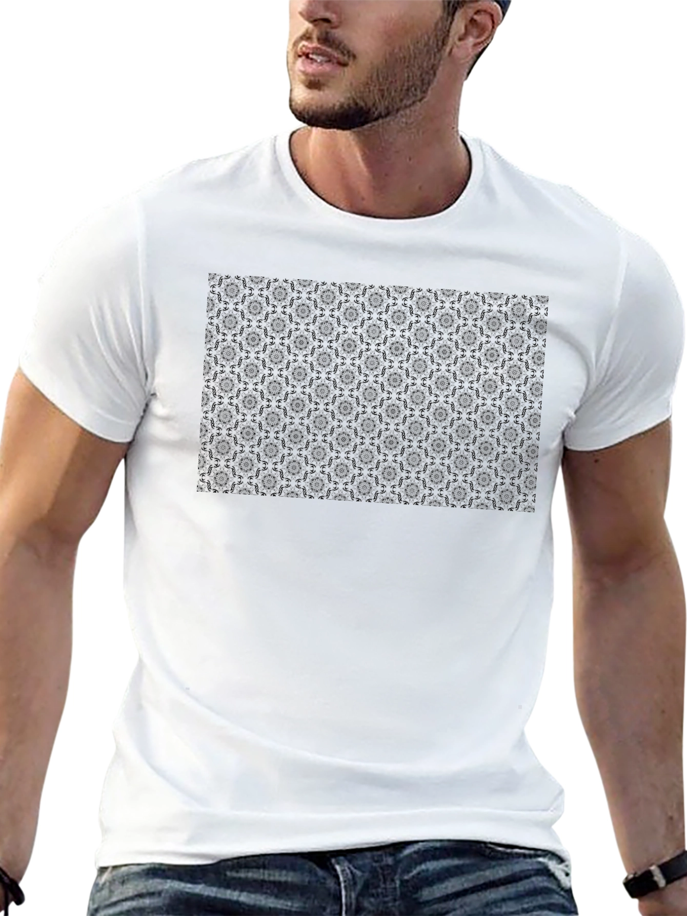Mens Black Patterned Crew Neck T-Shirt