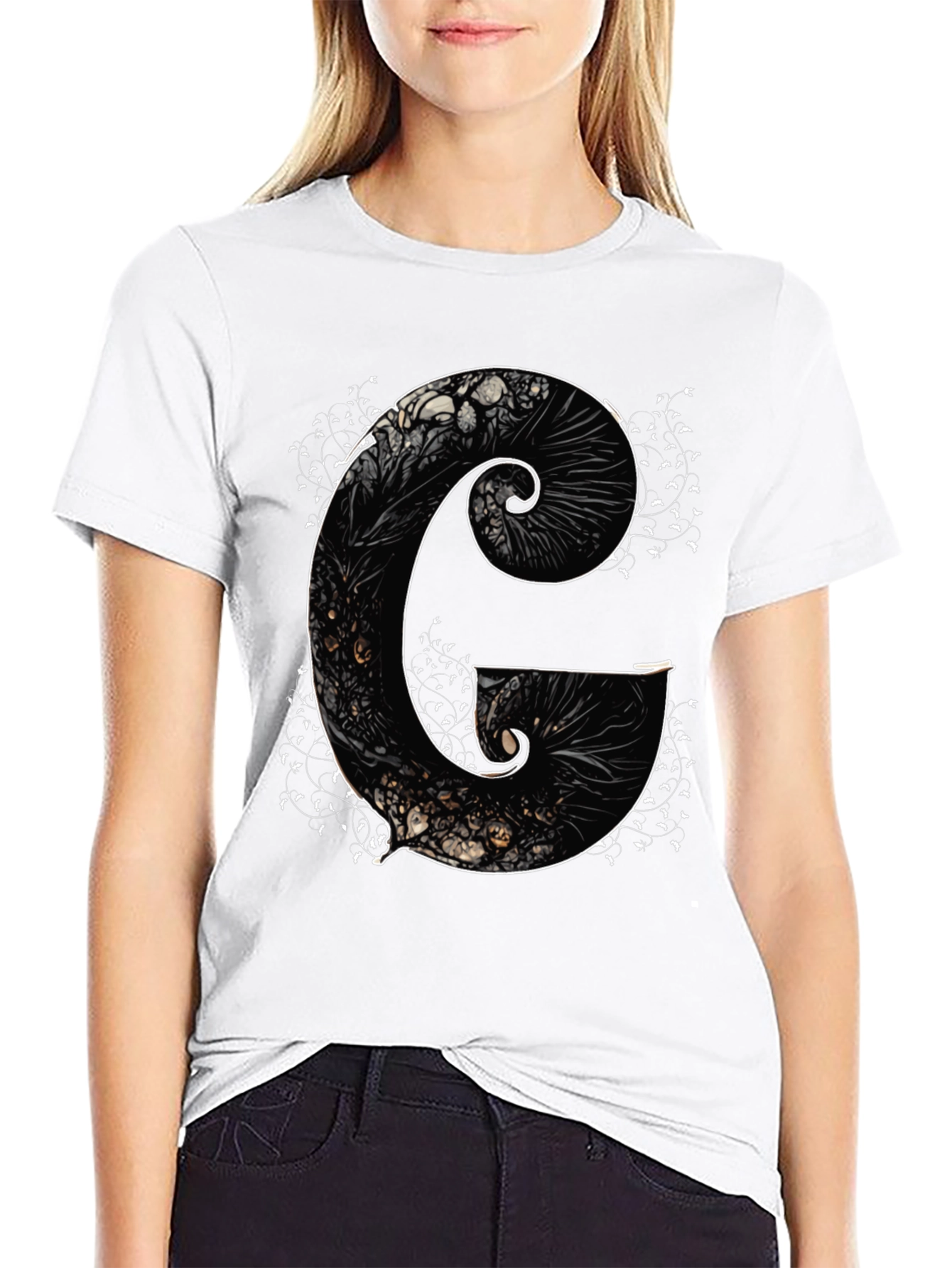 G Letter Art Print Black Tee - Unique Design