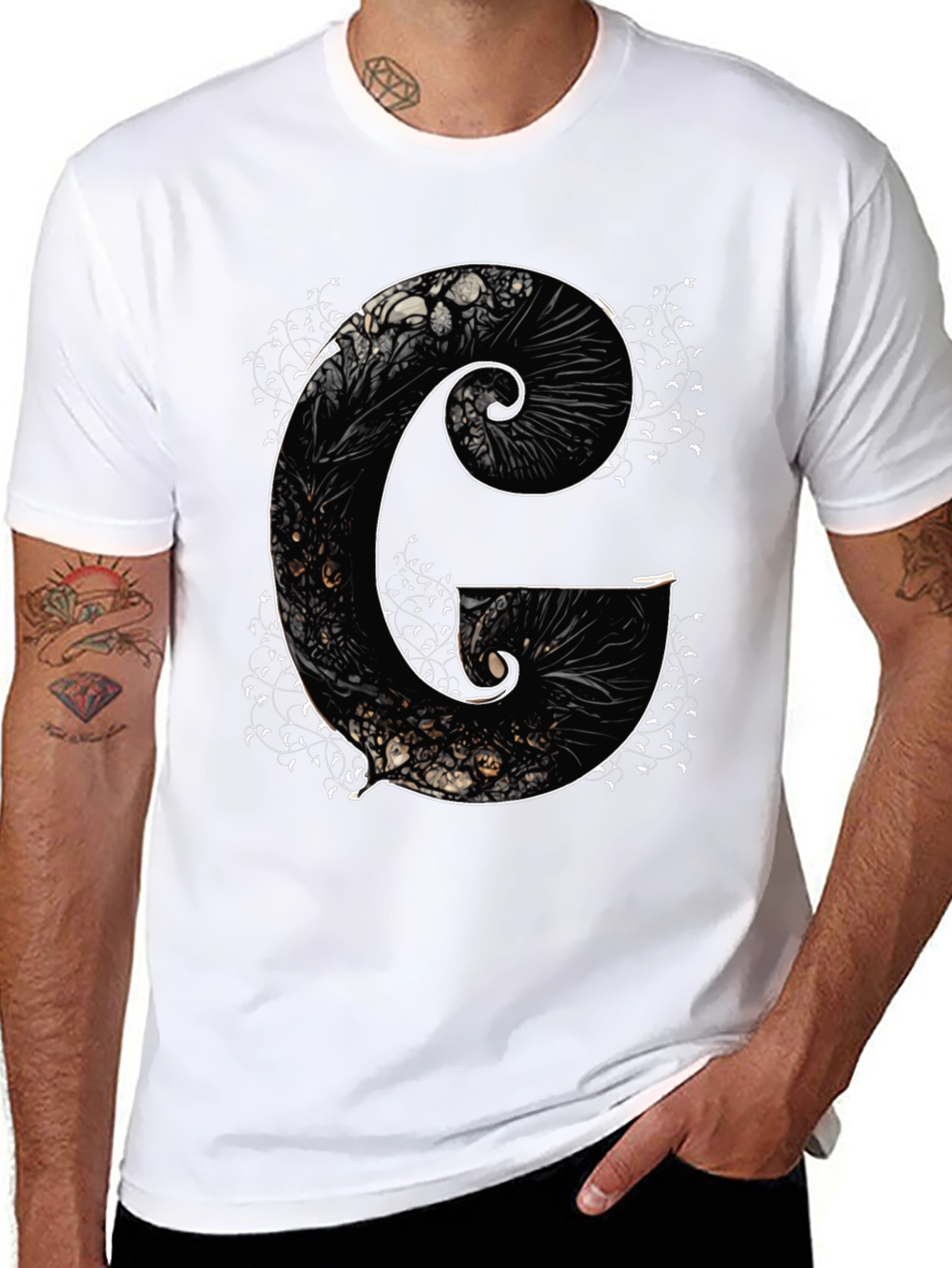 G Letter Art Print Black Tee - Unique Design