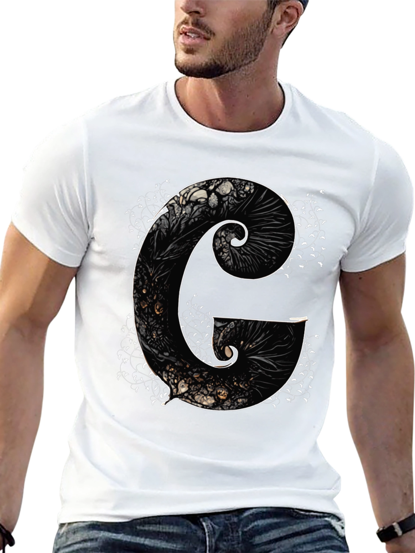 G Letter Art Print Black Tee - Unique Design