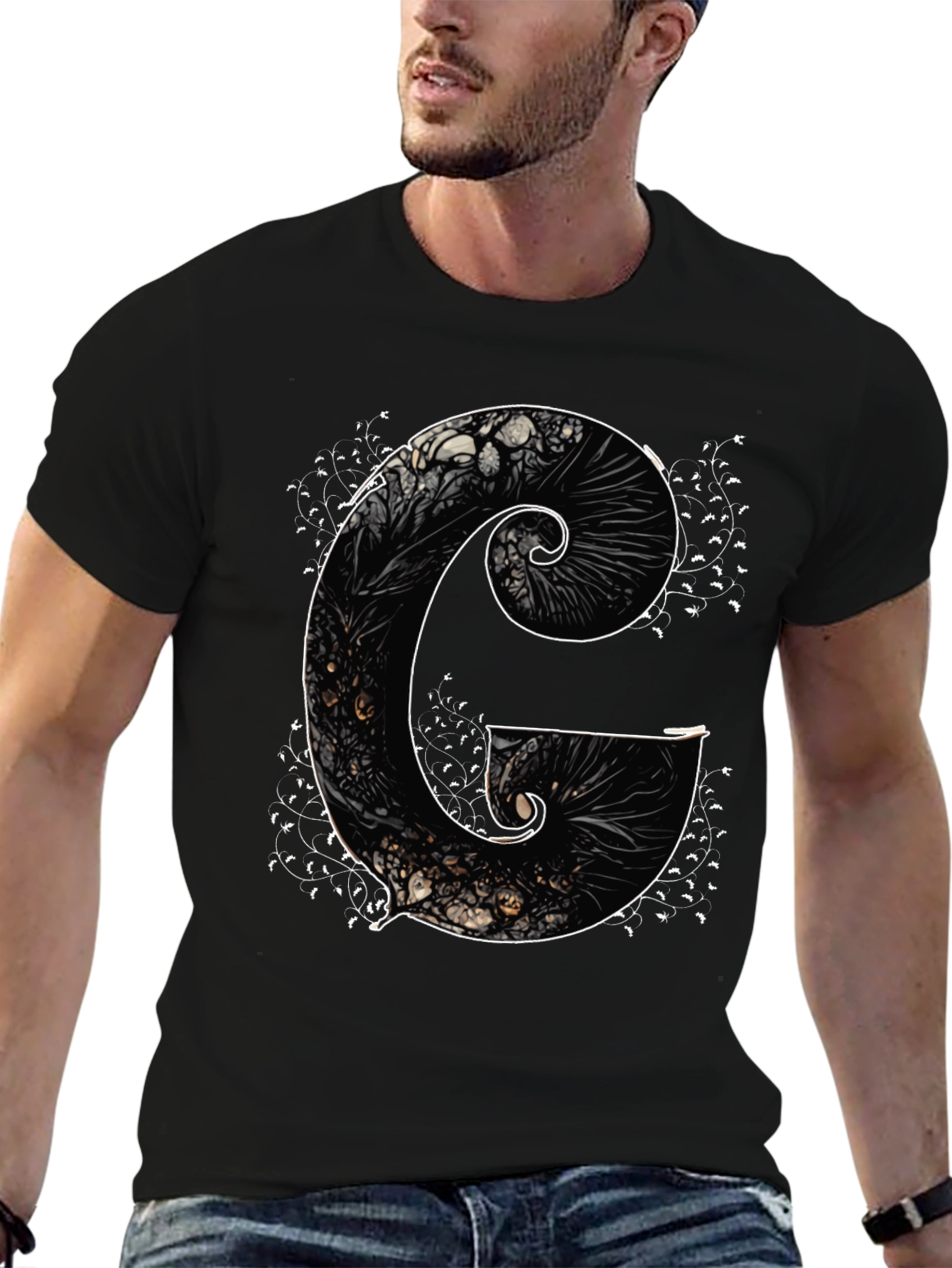 G Letter Art Print Black Tee - Unique Design