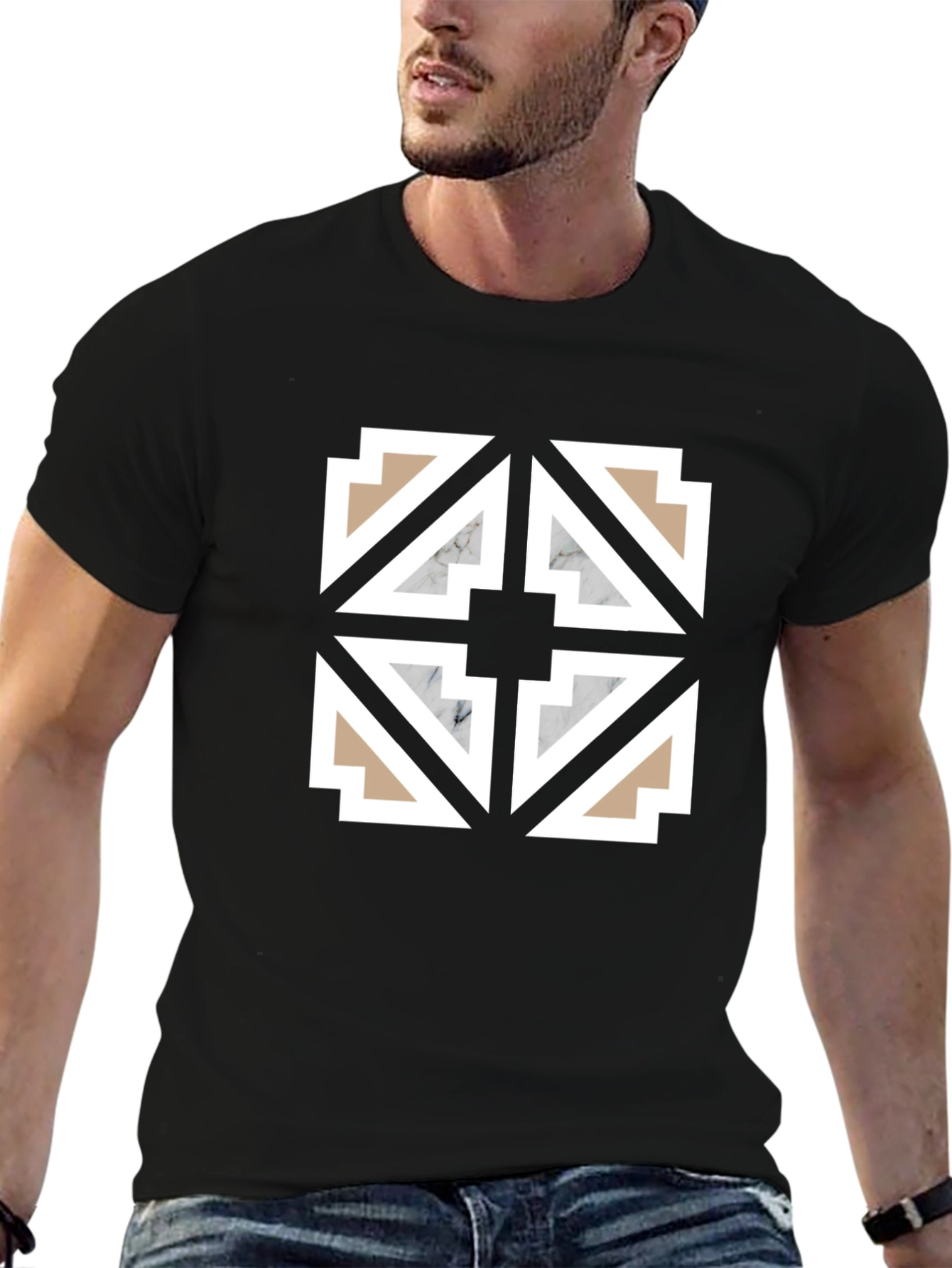 Geometric Tile Pattern Black T-Shirt