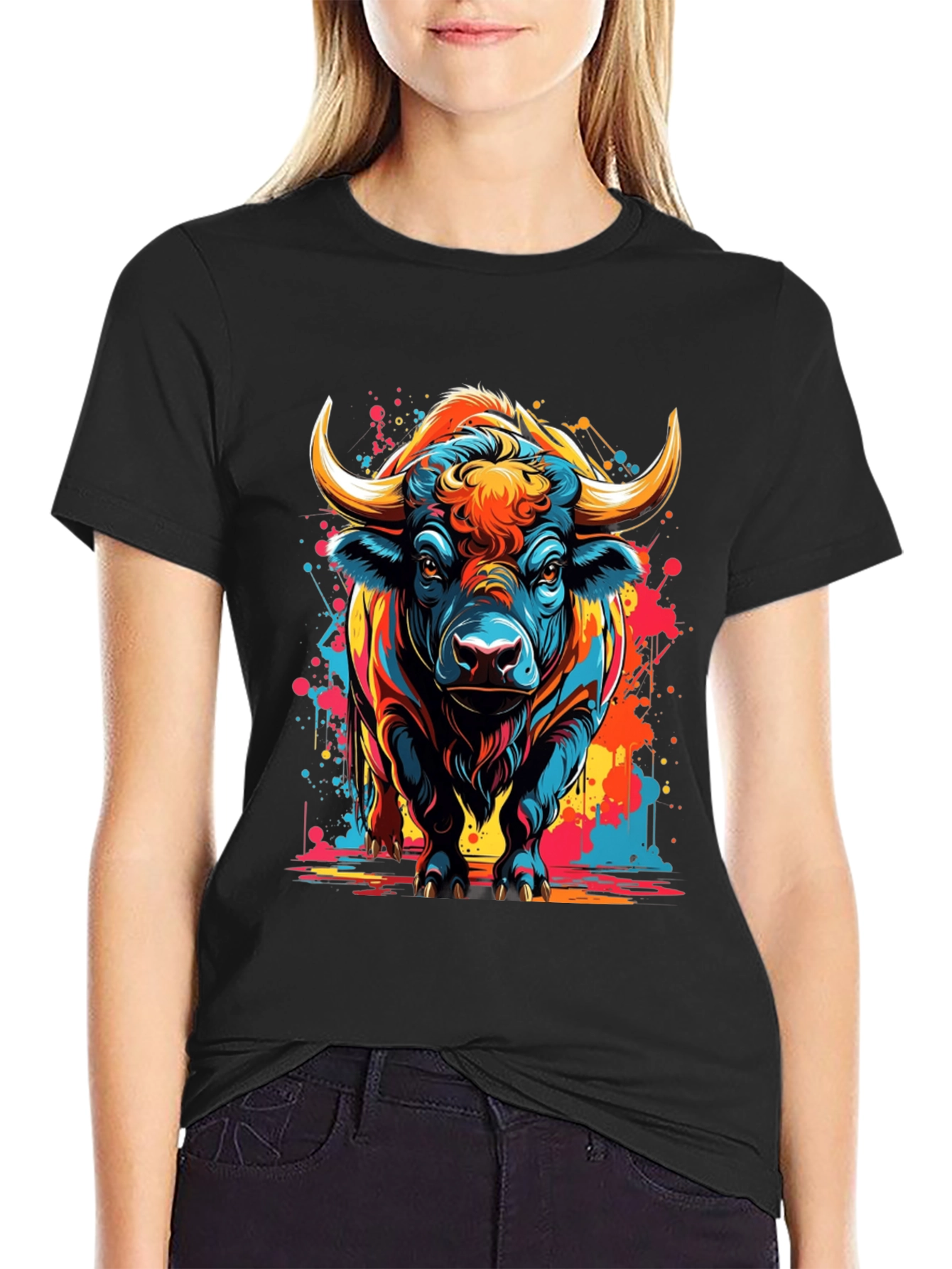 Vibrant Bull Graphic T-Shirt - Black