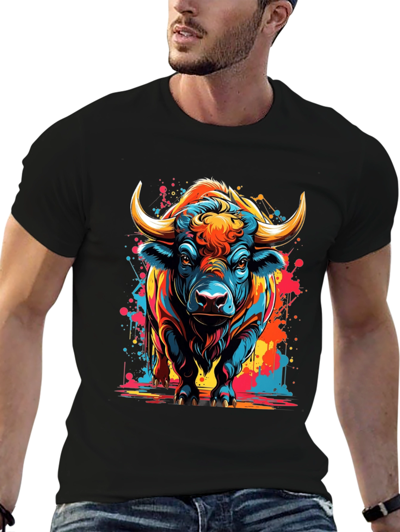 Vibrant Bull Graphic T-Shirt - Black