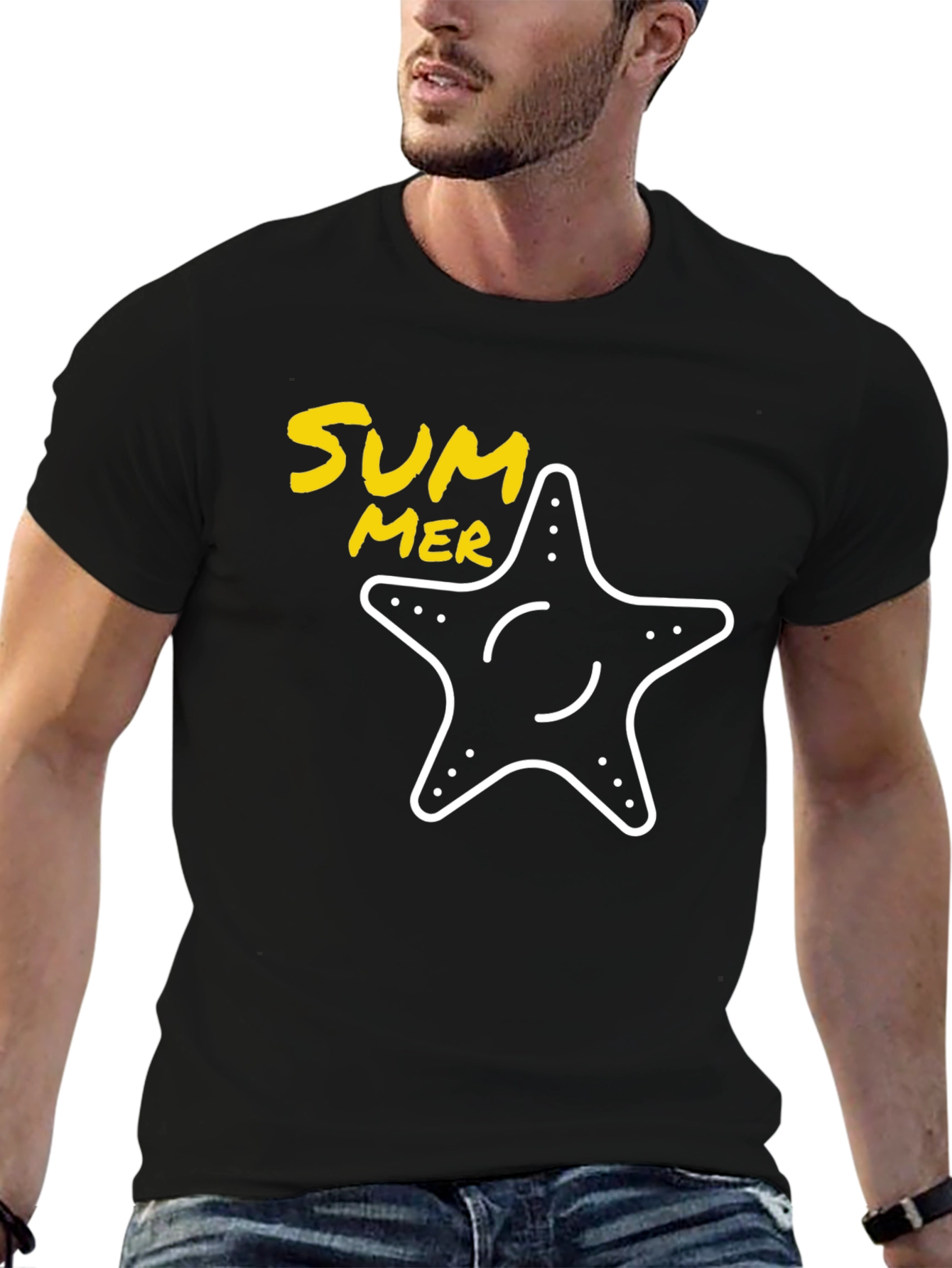 Summer Starfish Graphic Tee - Black Cotton T-Shirt