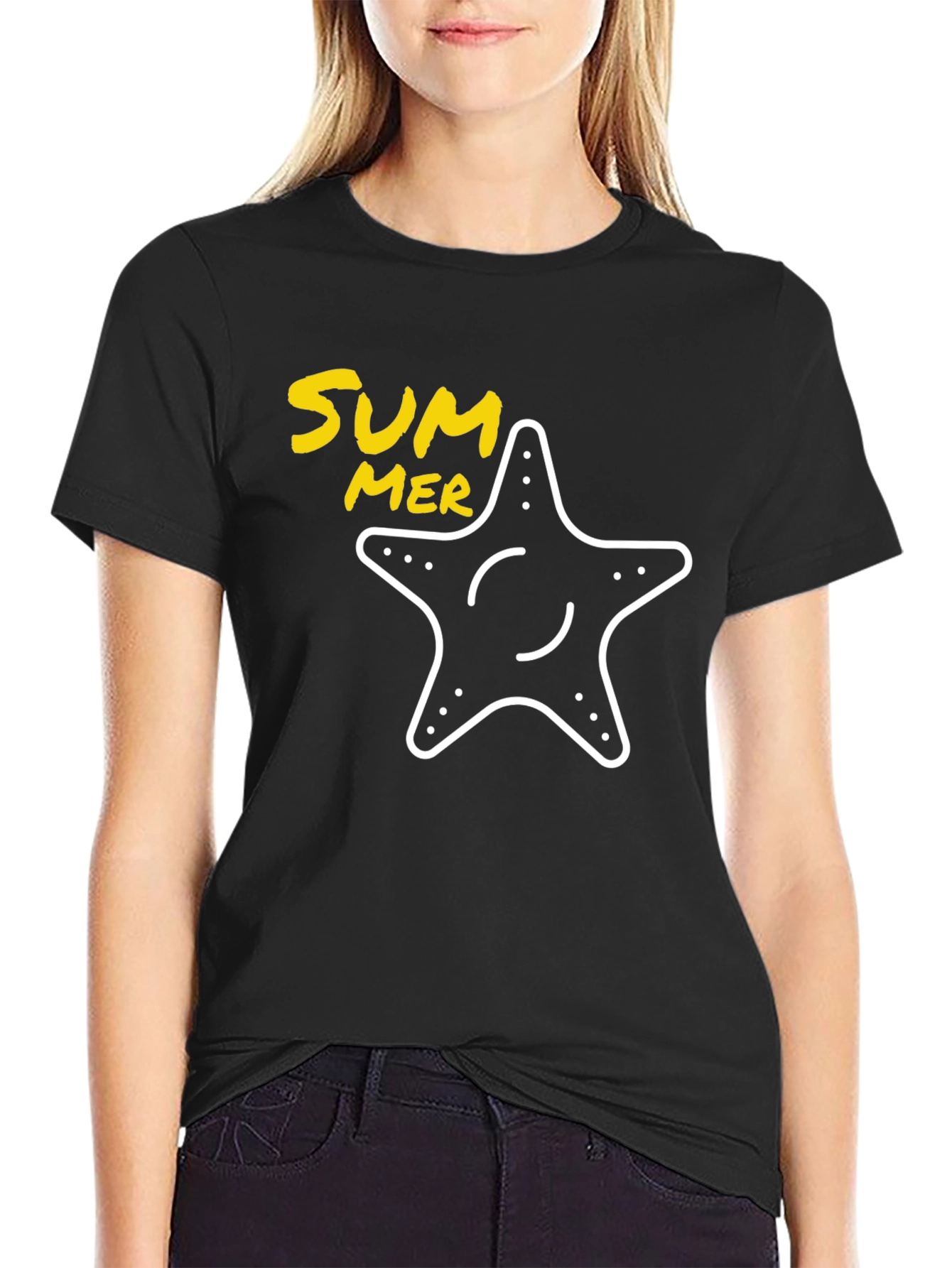 Summer Starfish Graphic Tee - Black Cotton T-Shirt