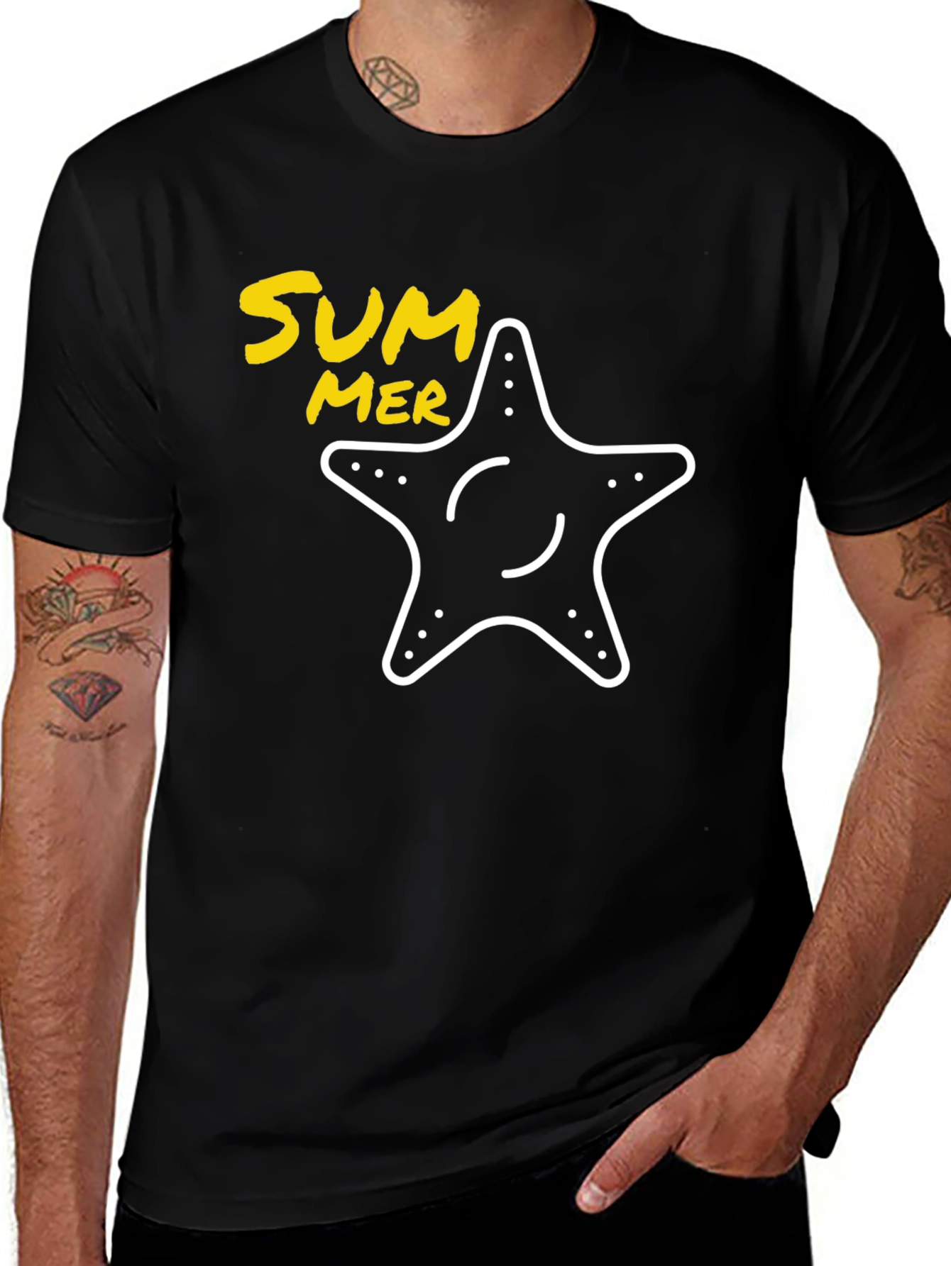 Summer Starfish Graphic Tee - Black Cotton T-Shirt