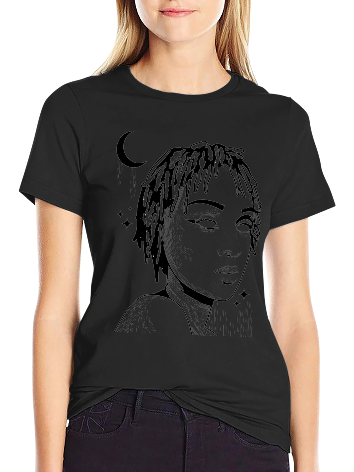 Moonlit Woman Graphic Tee - Stylish Black T-Shirt