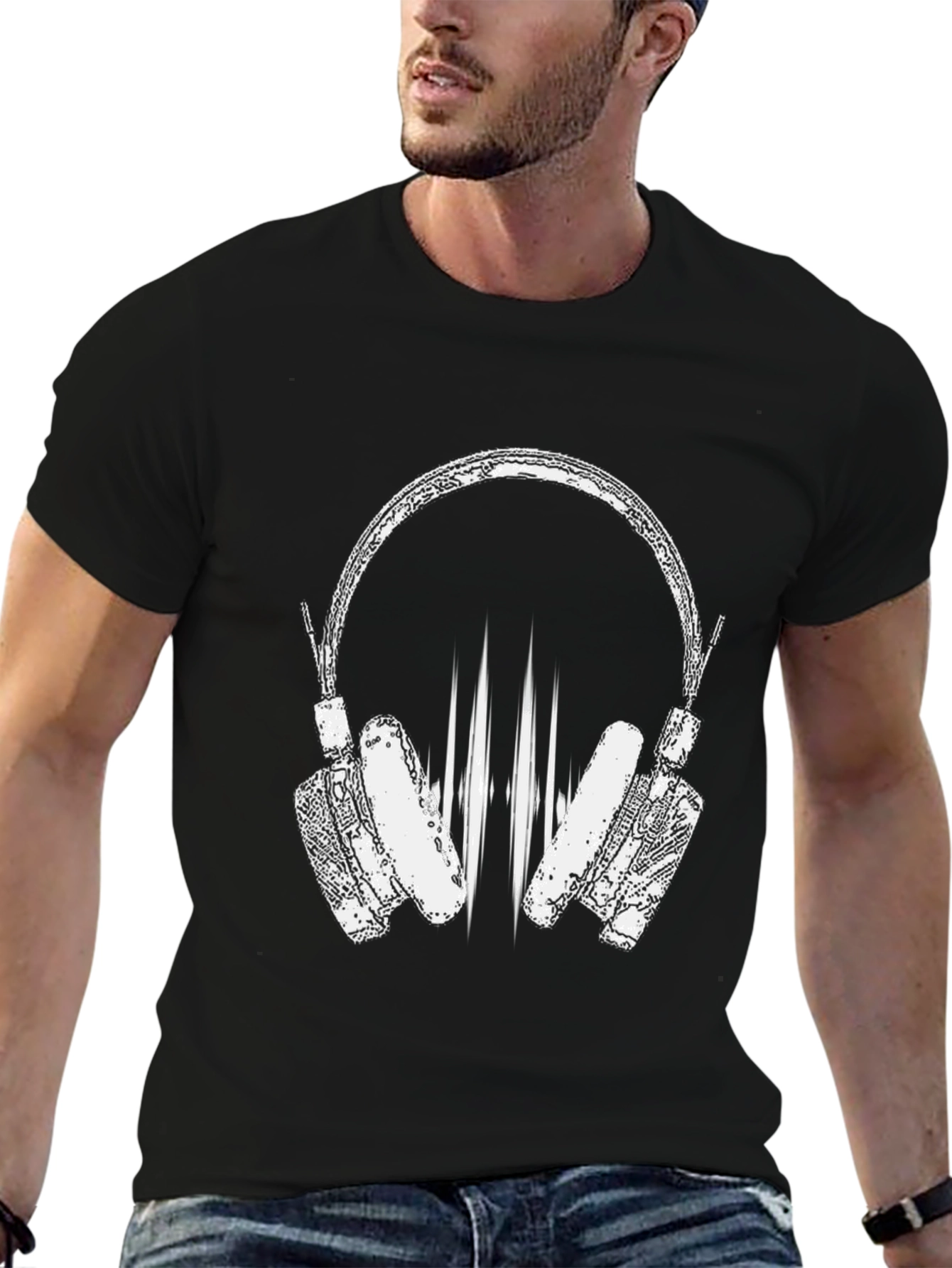 Stylish Black T-Shirt with Headphones Graphic