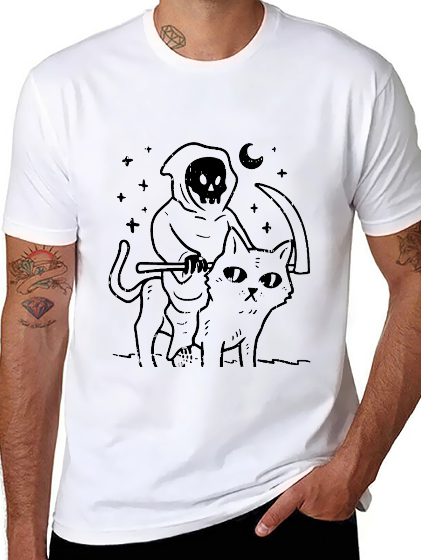 Grim Reaper Cat Ride T-Shirt - Black Graphic Tee
