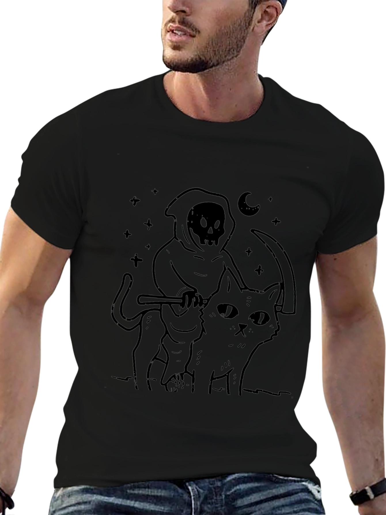 Grim Reaper Cat Ride T-Shirt - Black Graphic Tee