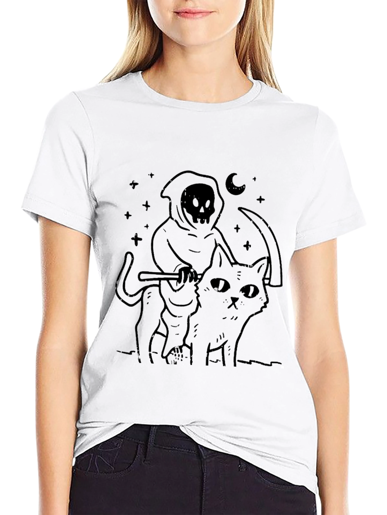 Grim Reaper Cat Ride T-Shirt - Black Graphic Tee