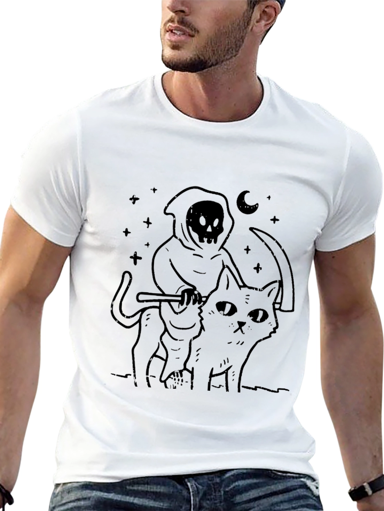 Grim Reaper Cat Ride T-Shirt - Black Graphic Tee