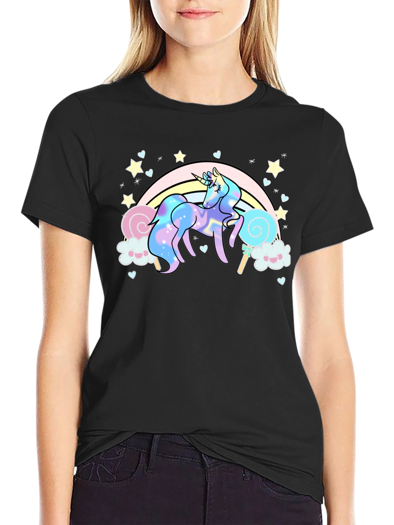 Unicorn Rainbow T-Shirt Black Cotton Tee