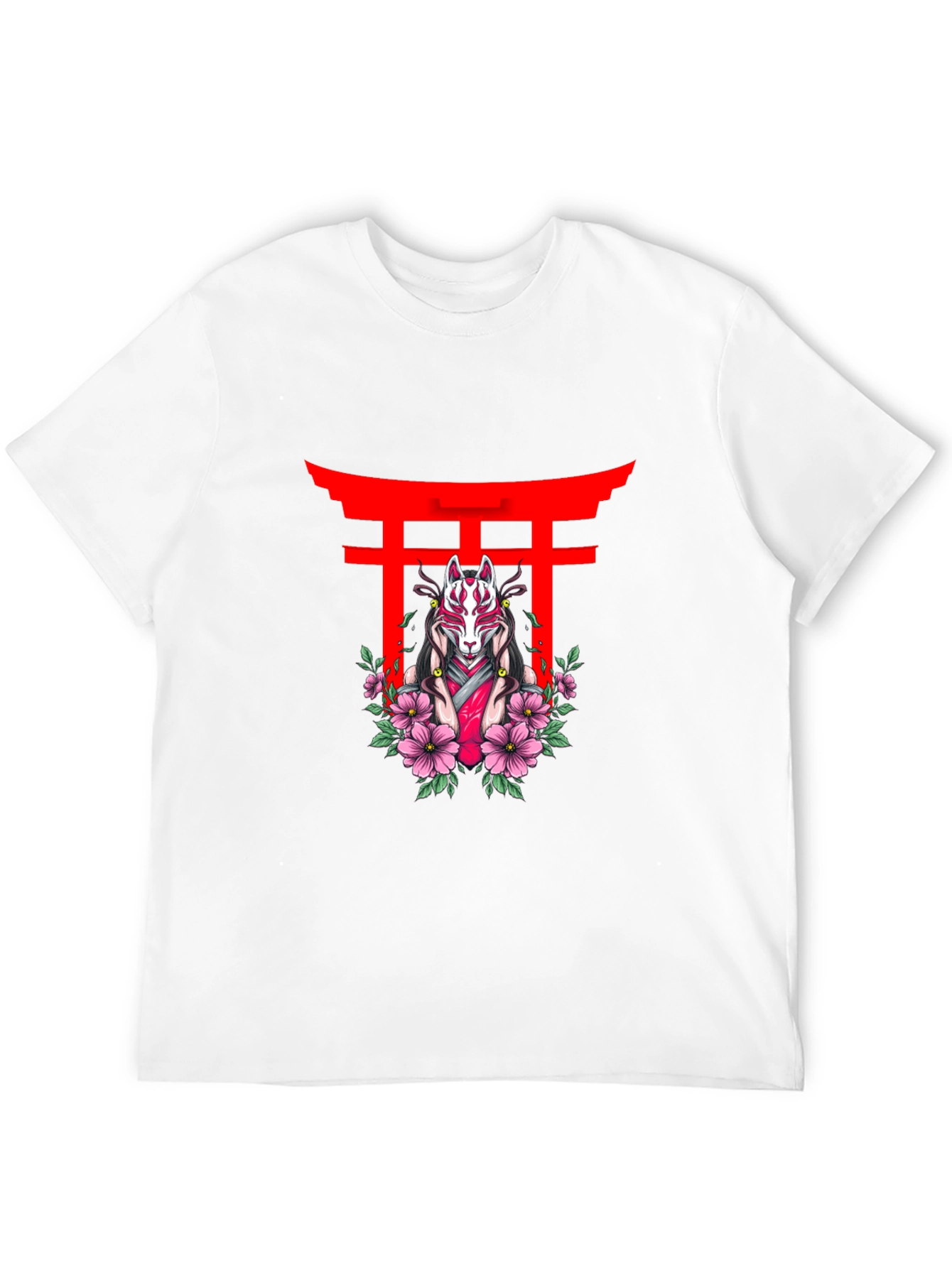 Black T-Shirt with Japanese Fox Mask Design