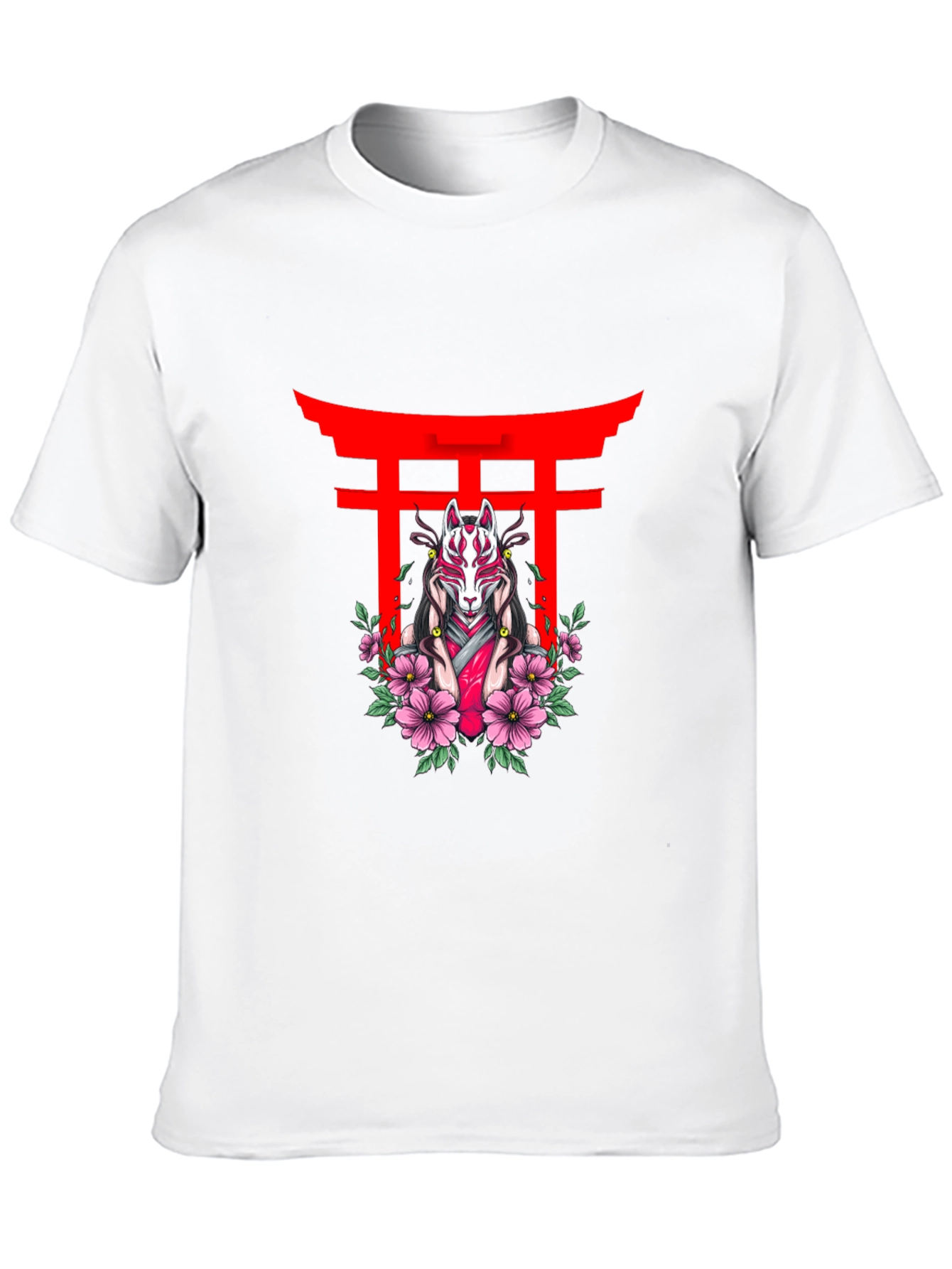Black T-Shirt with Japanese Fox Mask Design