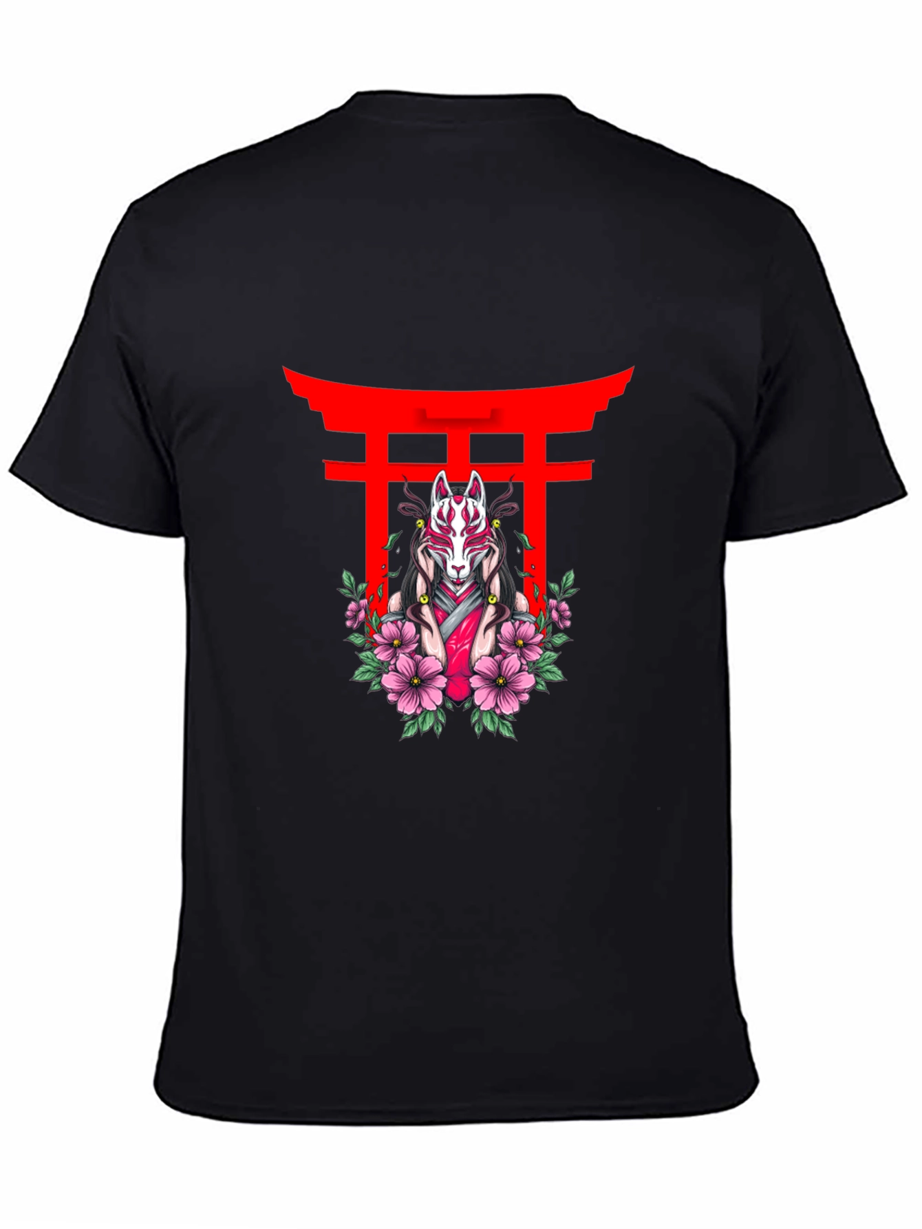Black T-Shirt with Japanese Fox Mask Design