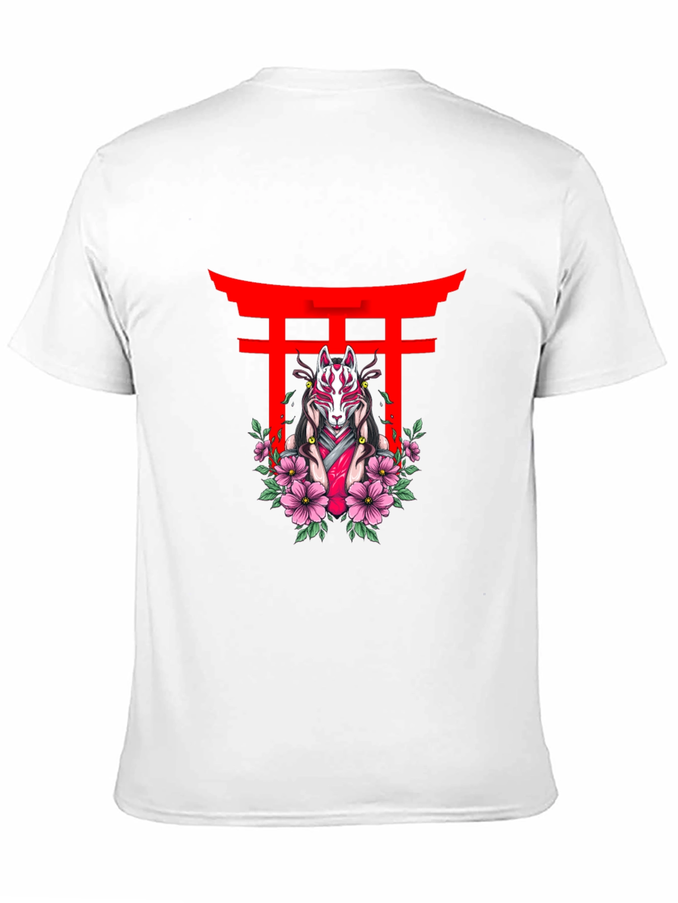 Black T-Shirt with Japanese Fox Mask Design