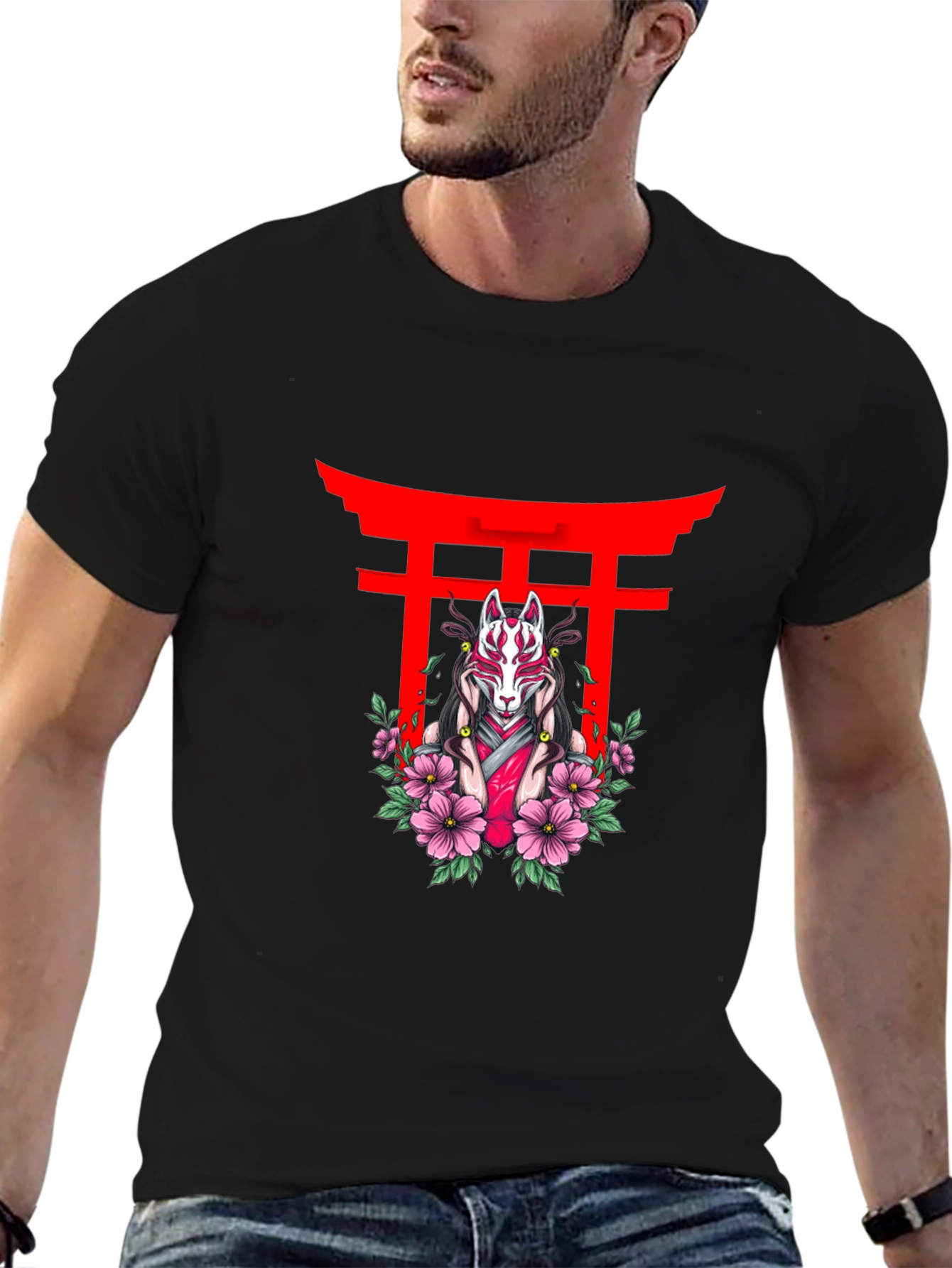 Black T-Shirt with Japanese Fox Mask Design