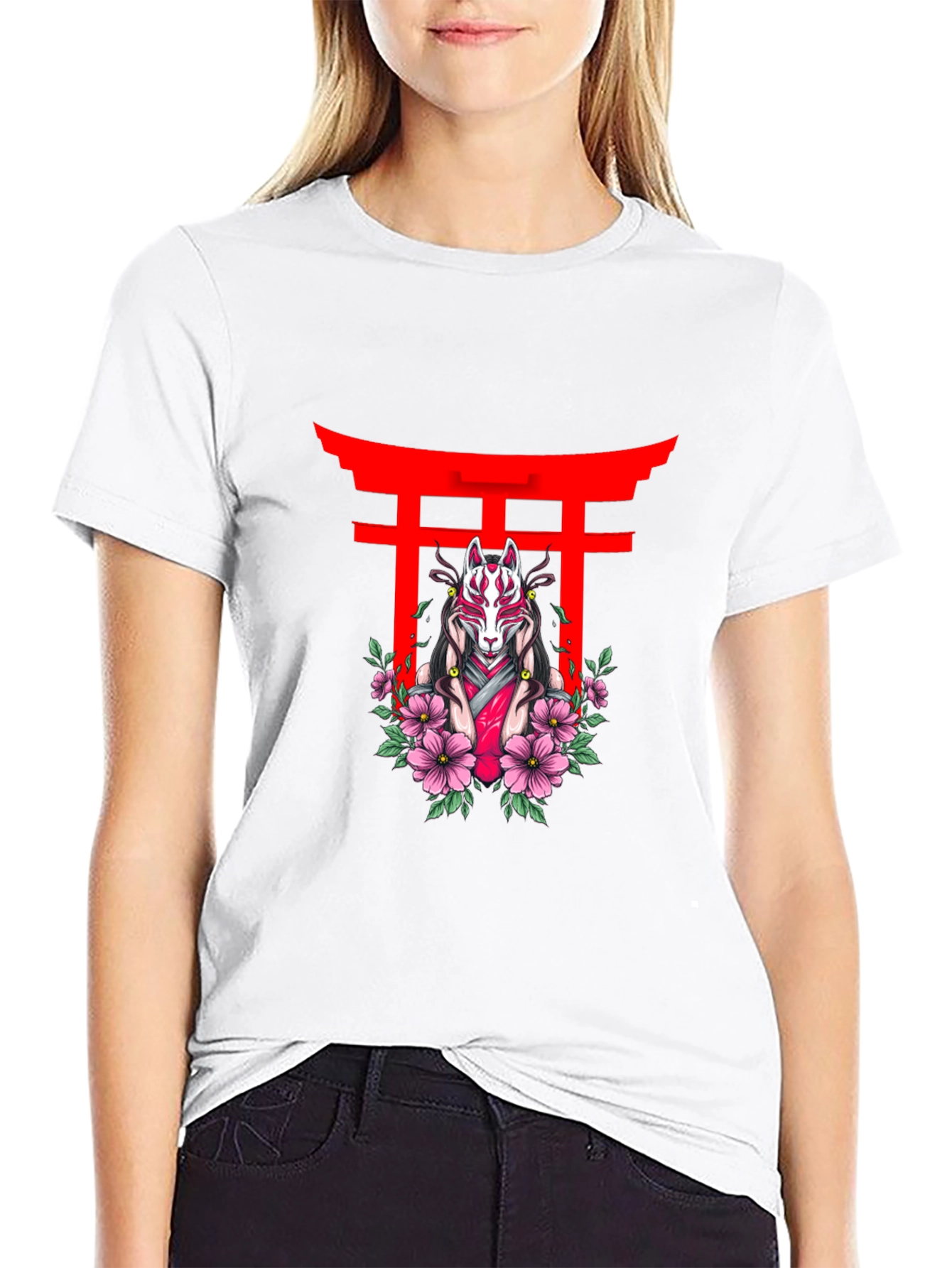 Black T-Shirt with Japanese Fox Mask Design