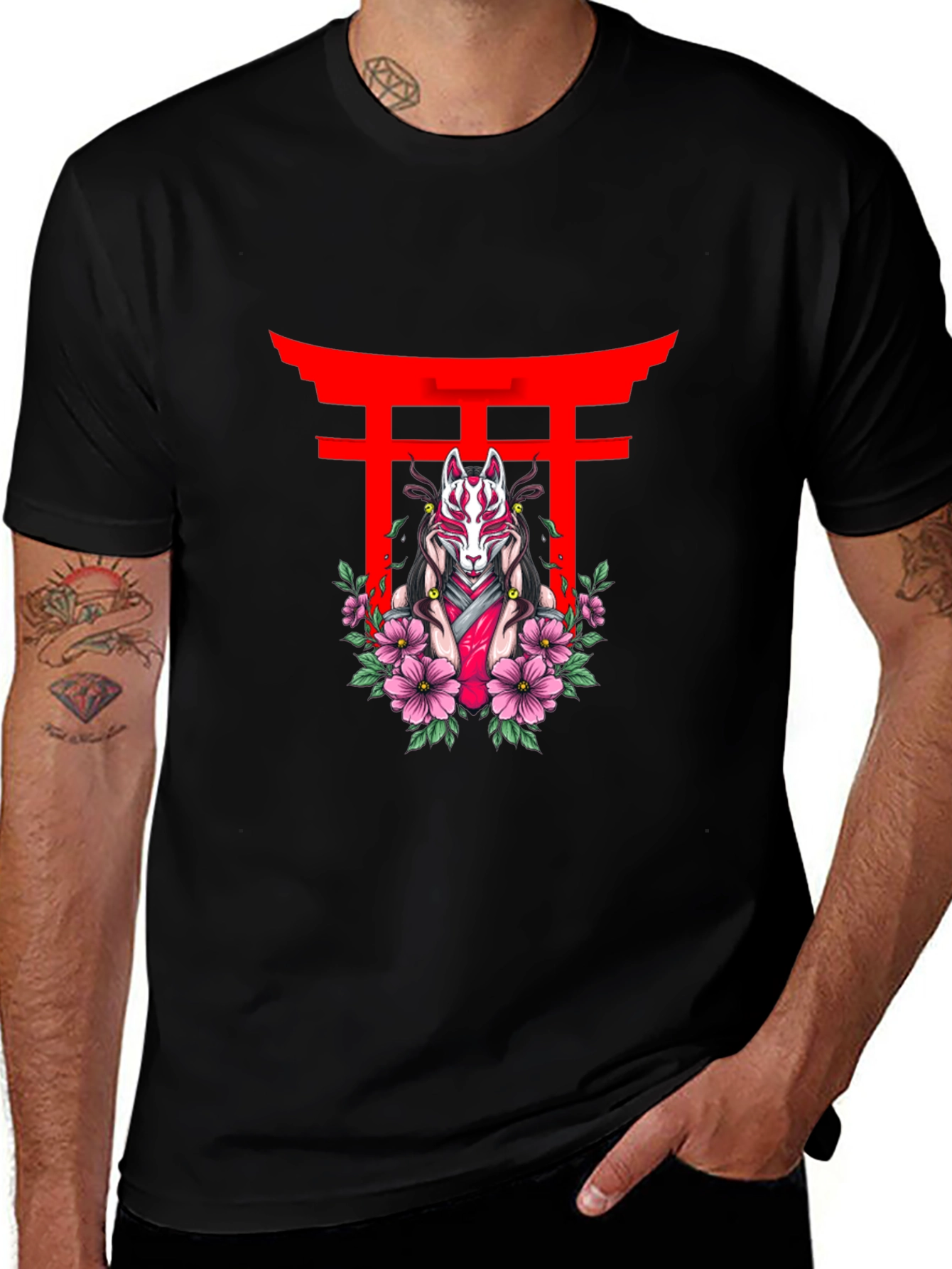 Black T-Shirt with Japanese Fox Mask Design