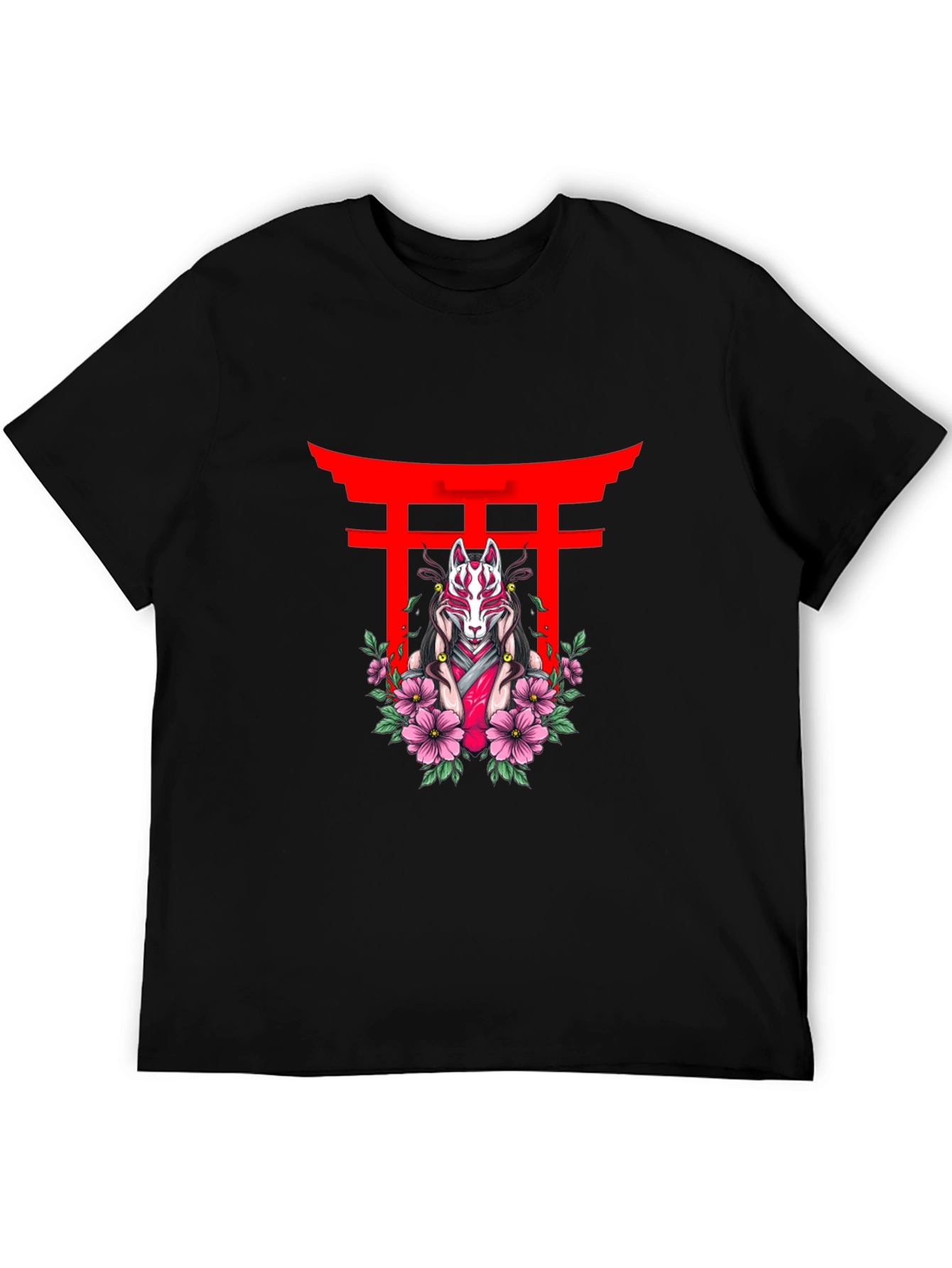 Black T-Shirt with Japanese Fox Mask Design