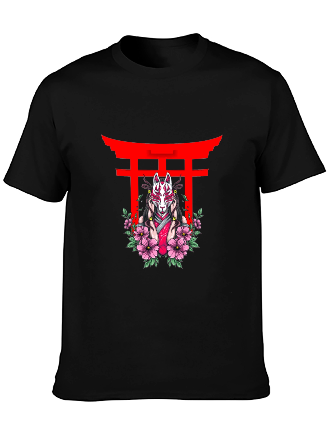 Black T-Shirt with Japanese Fox Mask Design