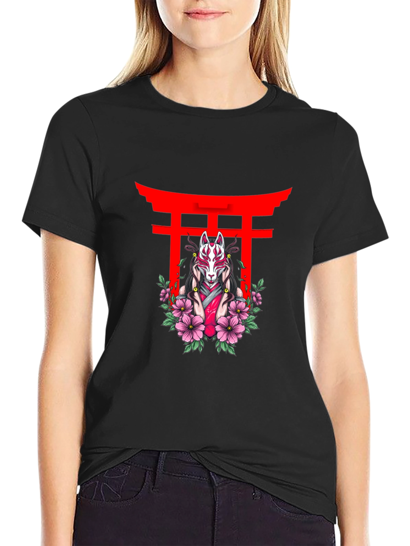 Black T-Shirt with Japanese Fox Mask Design