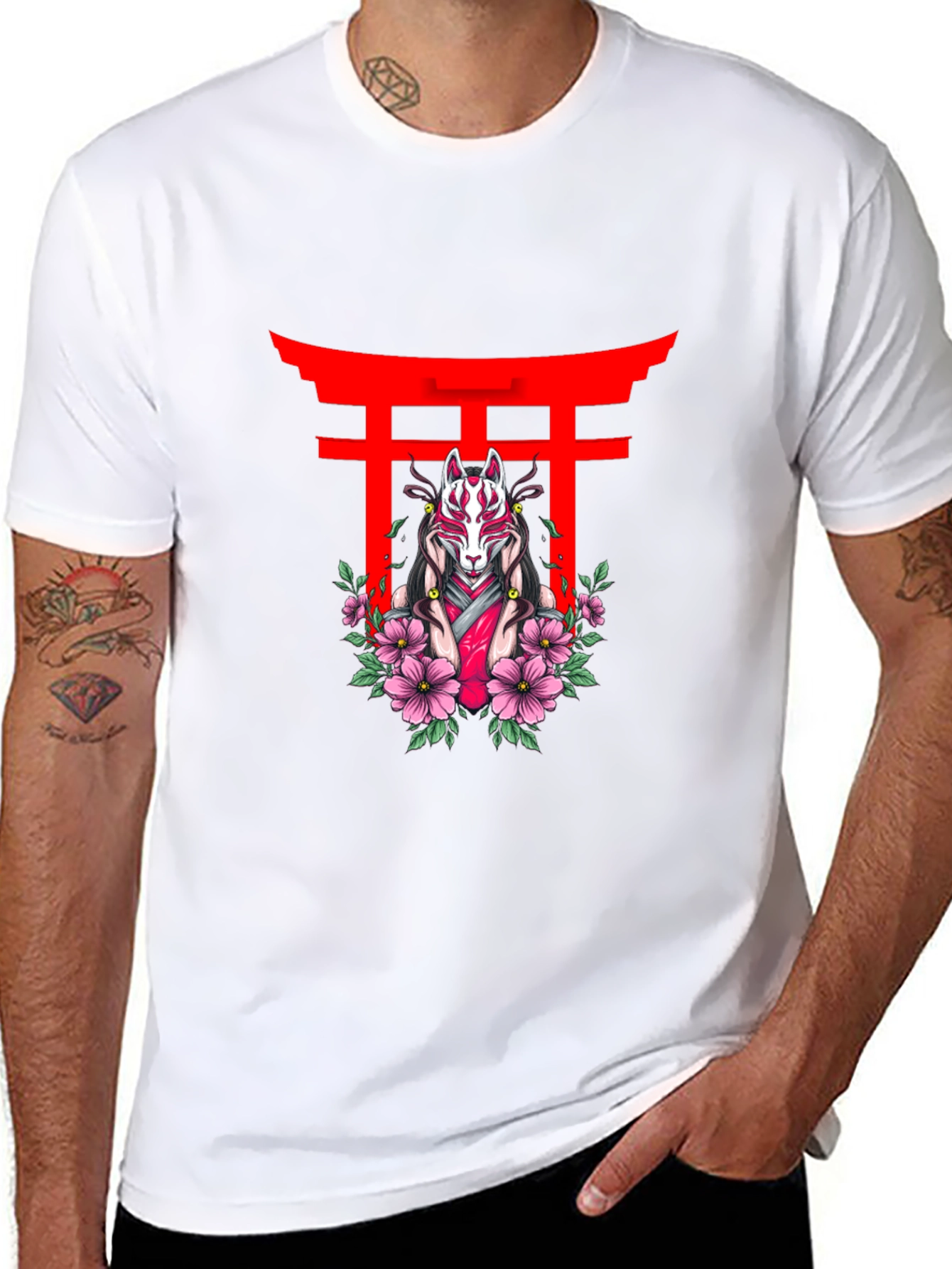 Black T-Shirt with Japanese Fox Mask Design