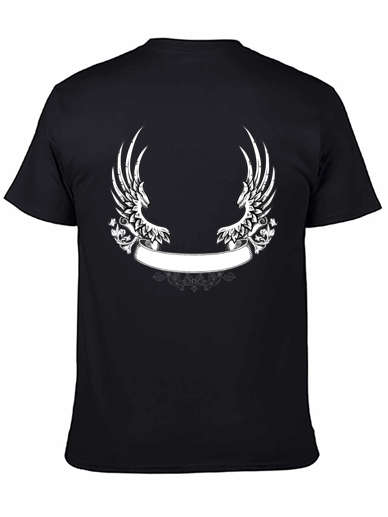 Black T-Shirt with Wing and Banner Design