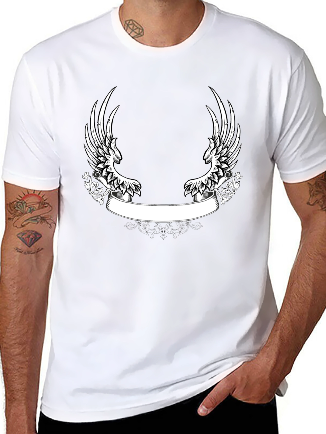 Black T-Shirt with Wing and Banner Design