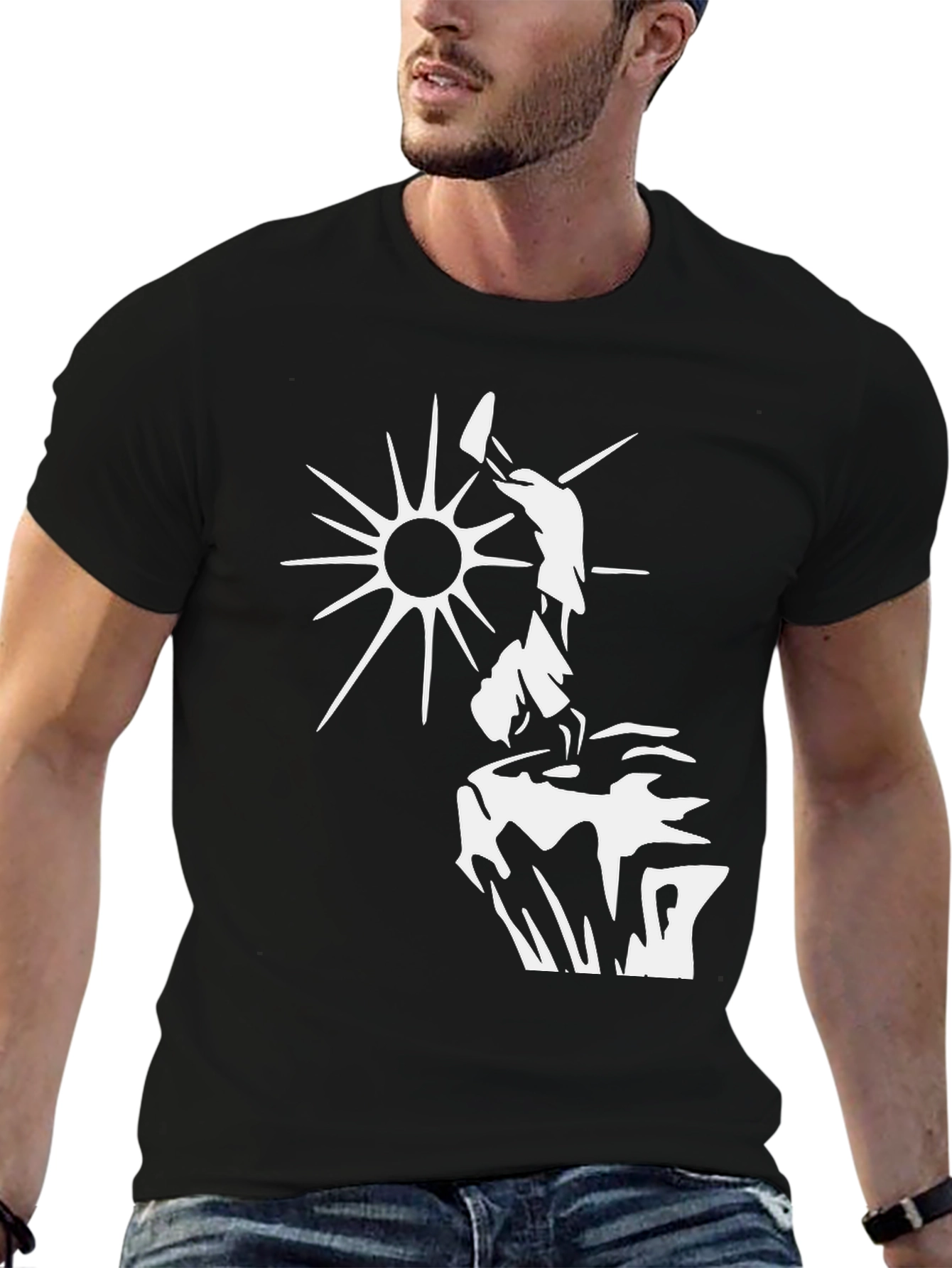 Black T-Shirt with White Sun Climber Graphic