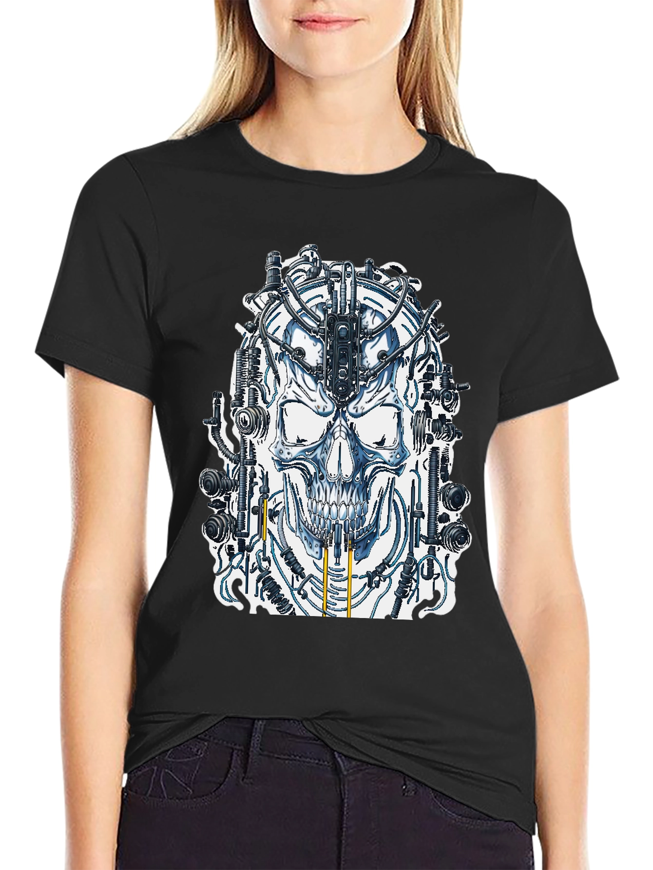 Cyberpunk Skull Graphic Tee - Black Cotton T-Shirt