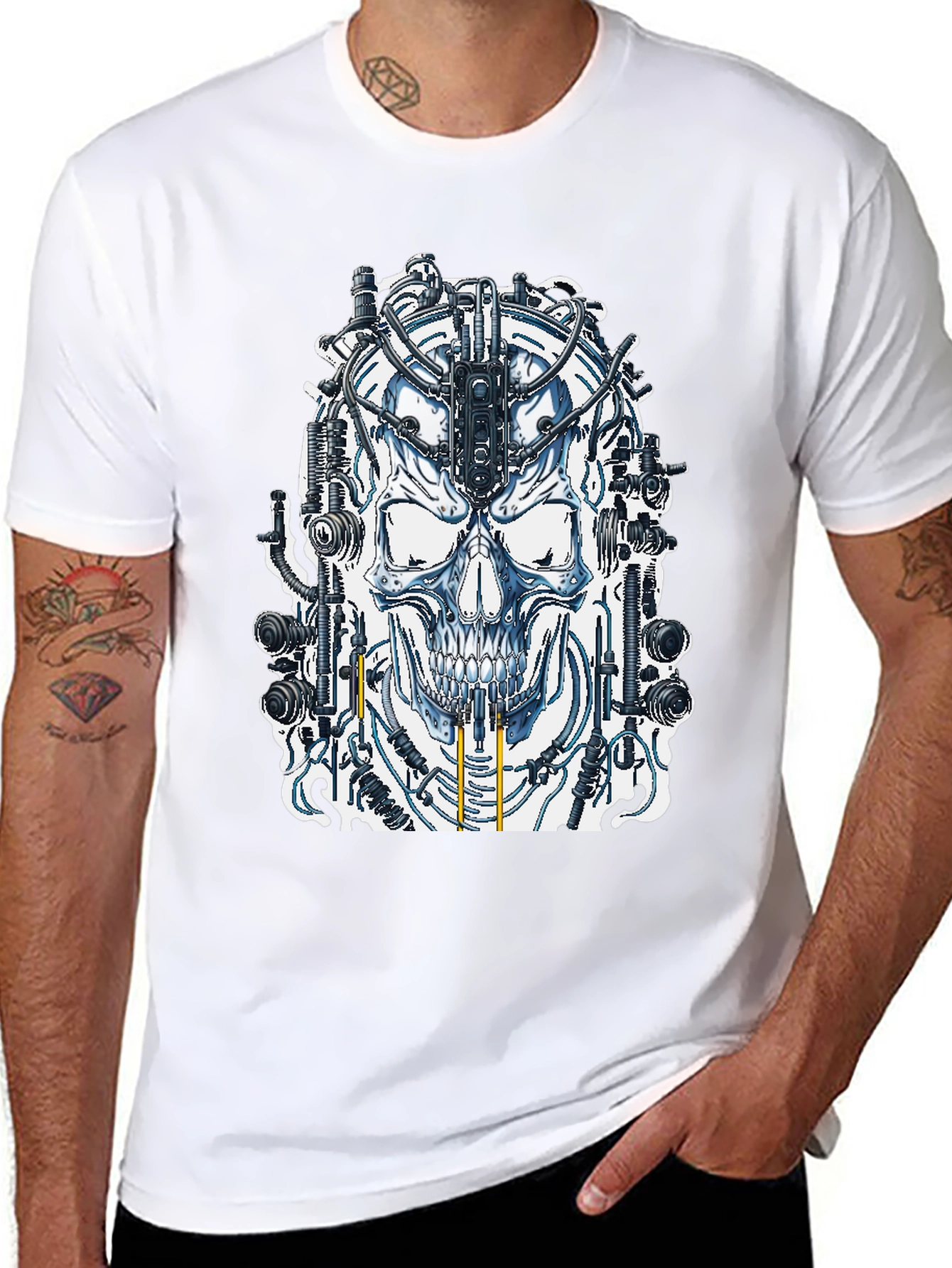 Cyberpunk Skull Graphic Tee - Black Cotton T-Shirt