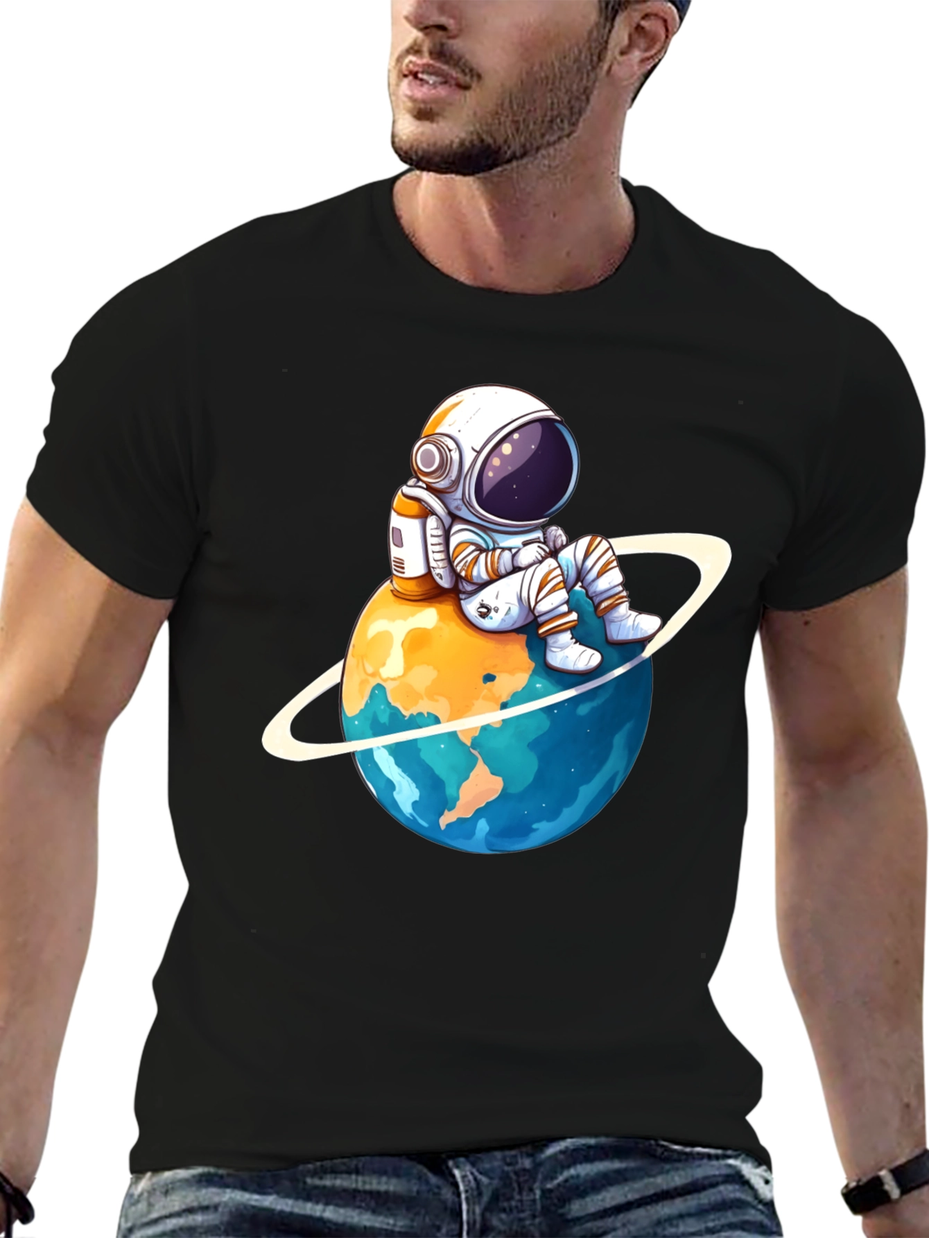Astronaut on Planet T-Shirt - Black Cotton Graphic Tee
