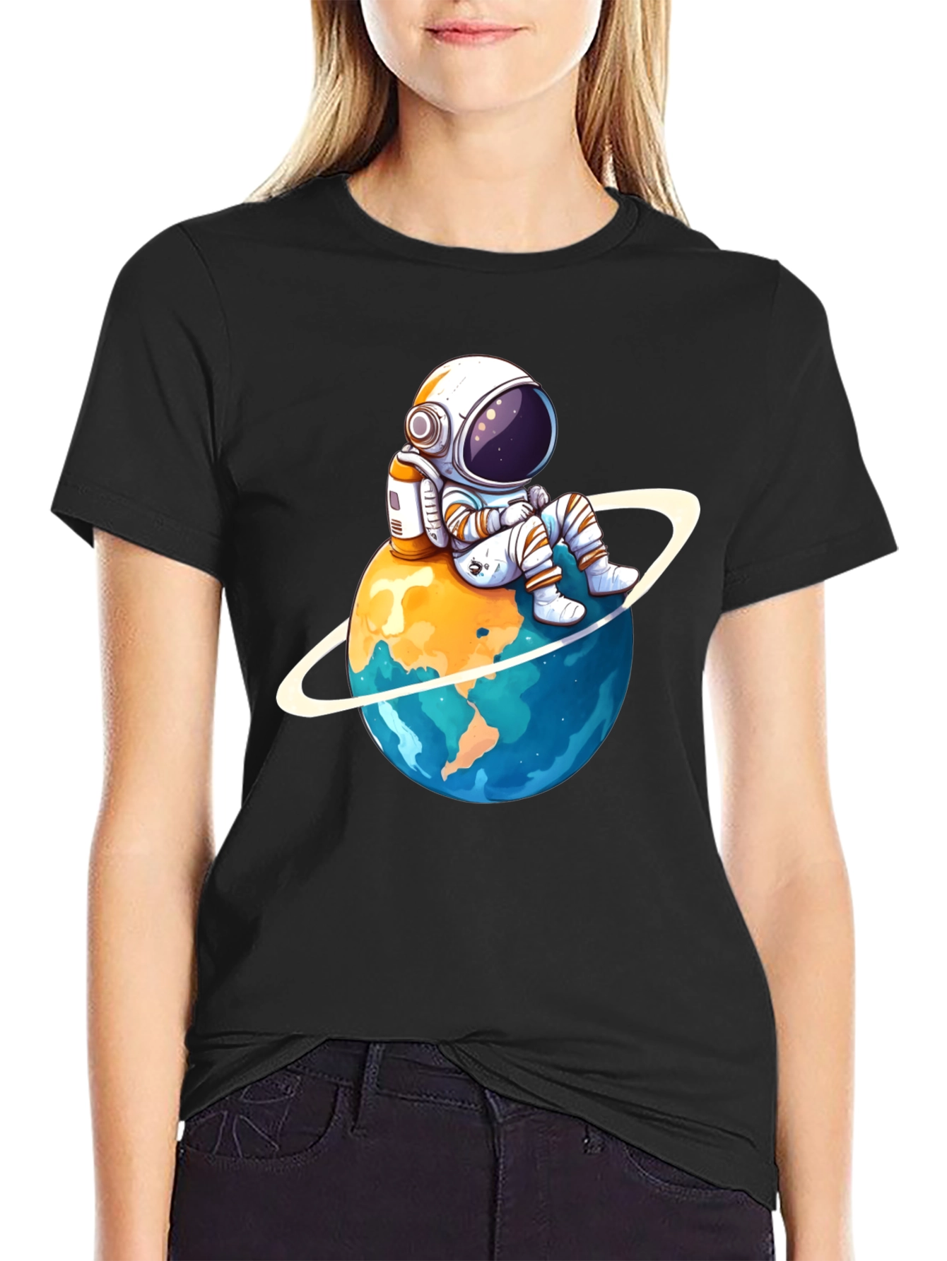 Astronaut on Planet T-Shirt - Black Cotton Graphic Tee