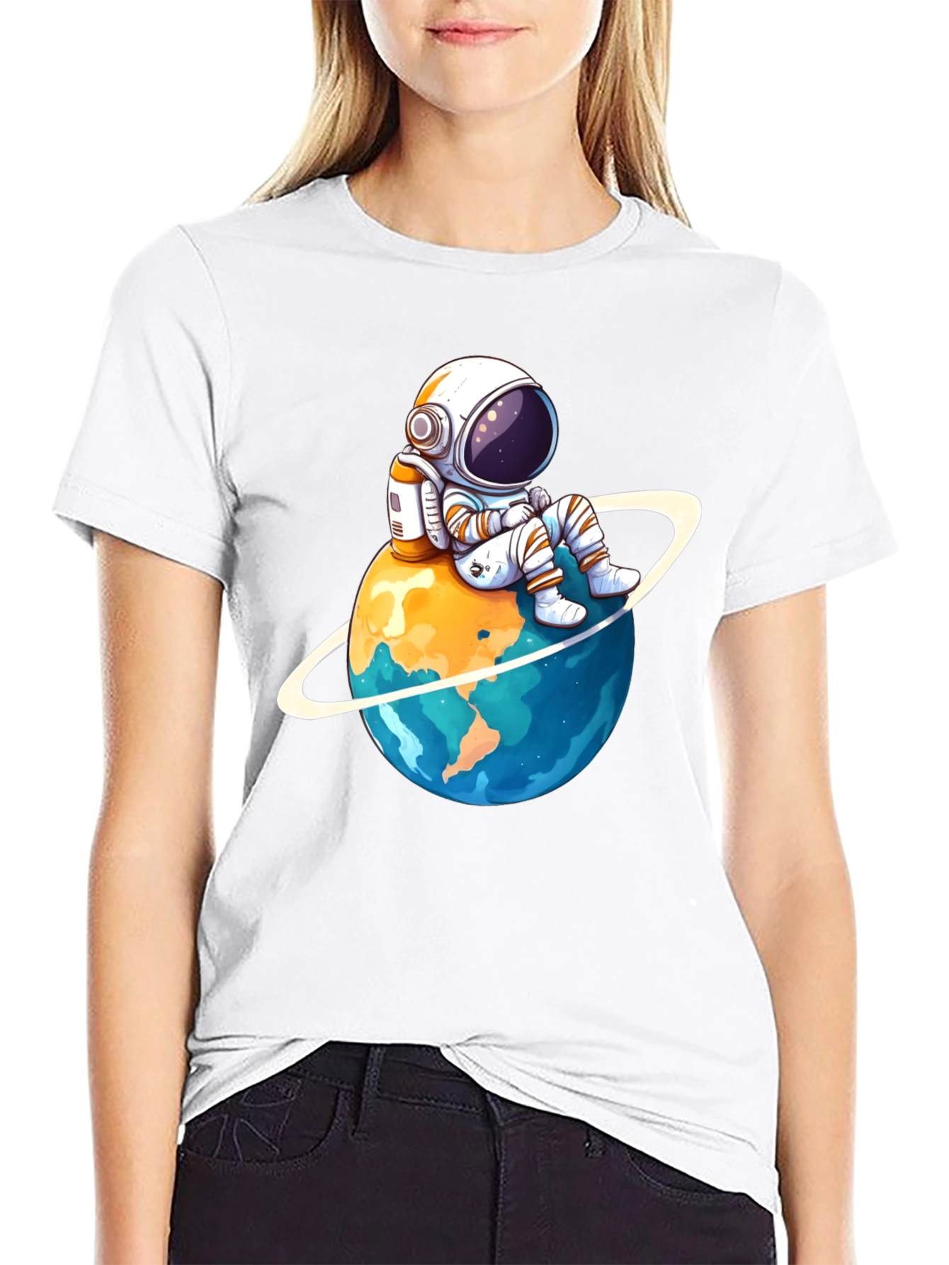 Astronaut on Planet T-Shirt - Black Cotton Graphic Tee