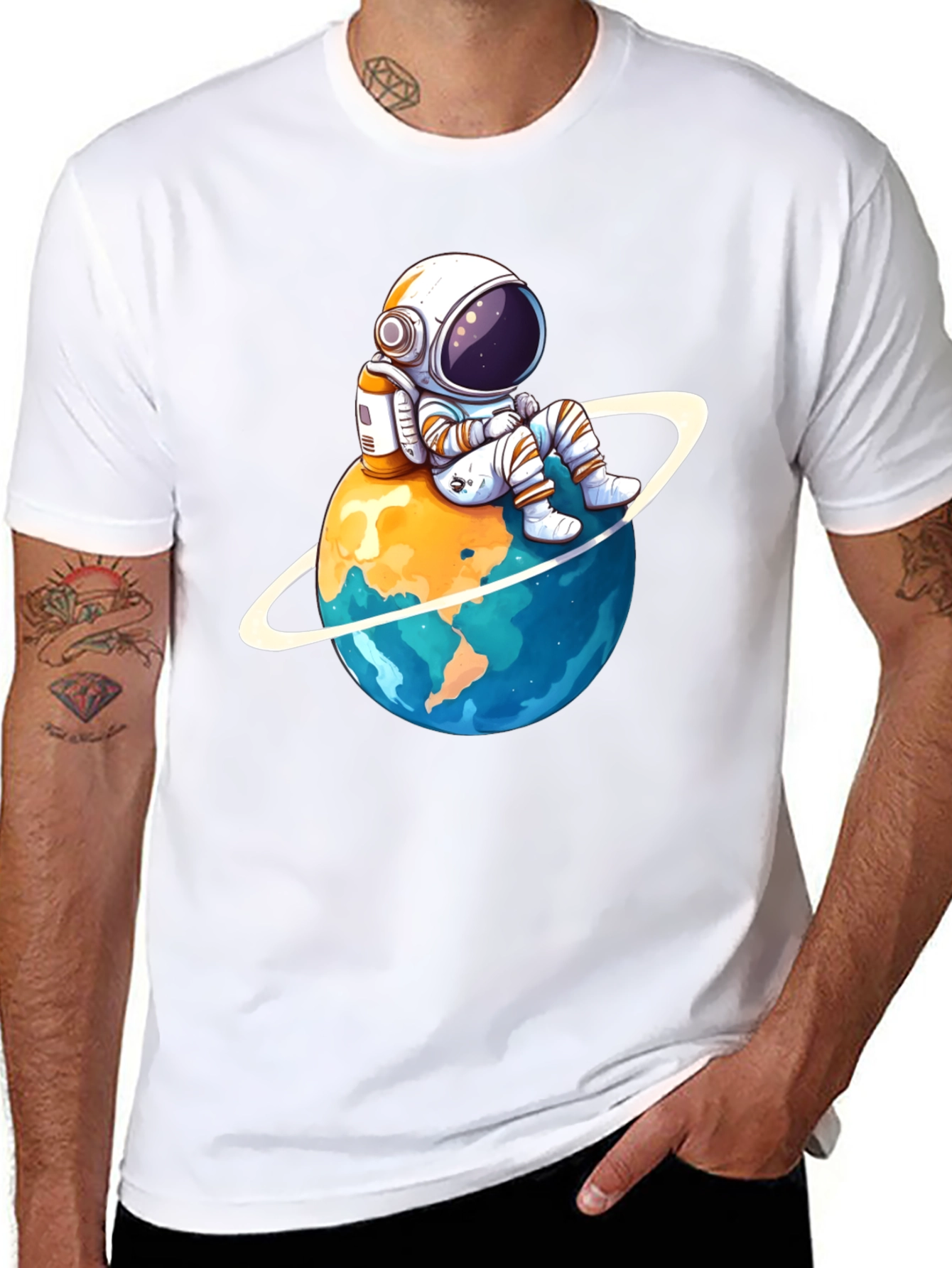 Astronaut on Planet T-Shirt - Black Cotton Graphic Tee