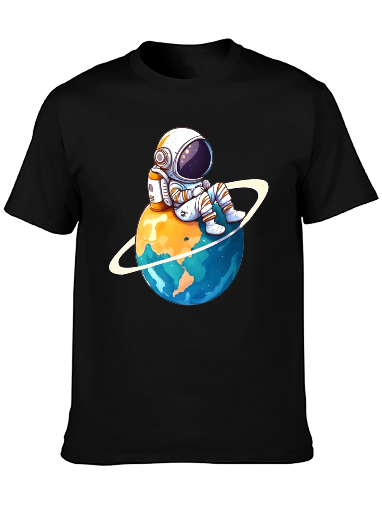 Astronaut on Planet T-Shirt - Black Cotton Graphic Tee