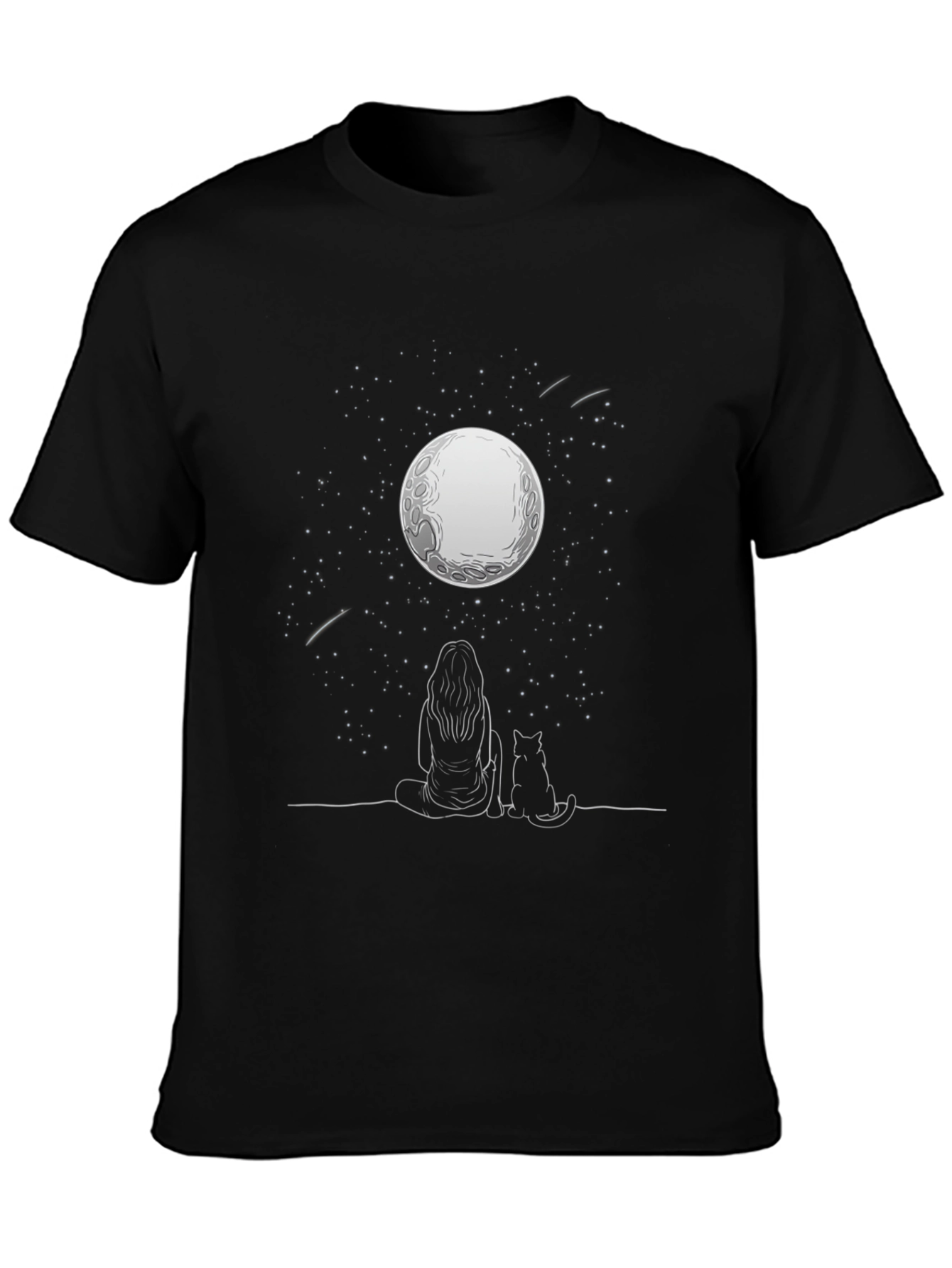 Moon Gazing Tee - Woman & Cat Under Stars