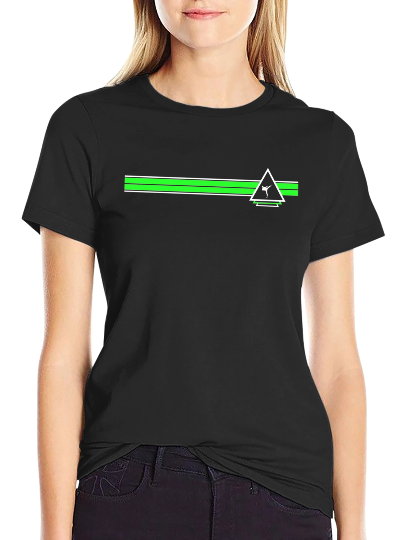 Black Tee with Green Stripe and Triangle Graphic
