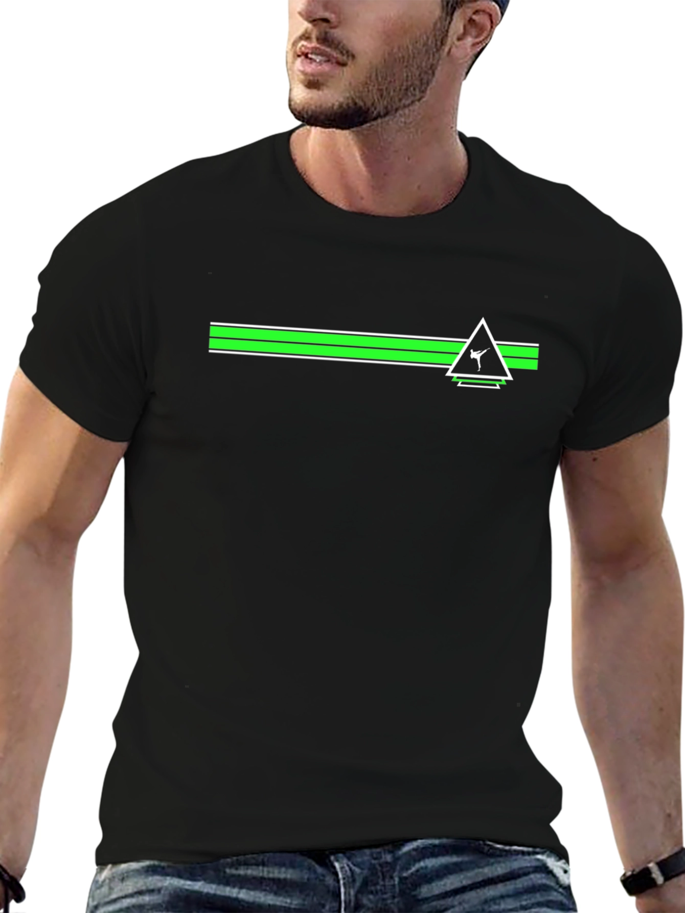 Black Tee with Green Stripe and Triangle Graphic