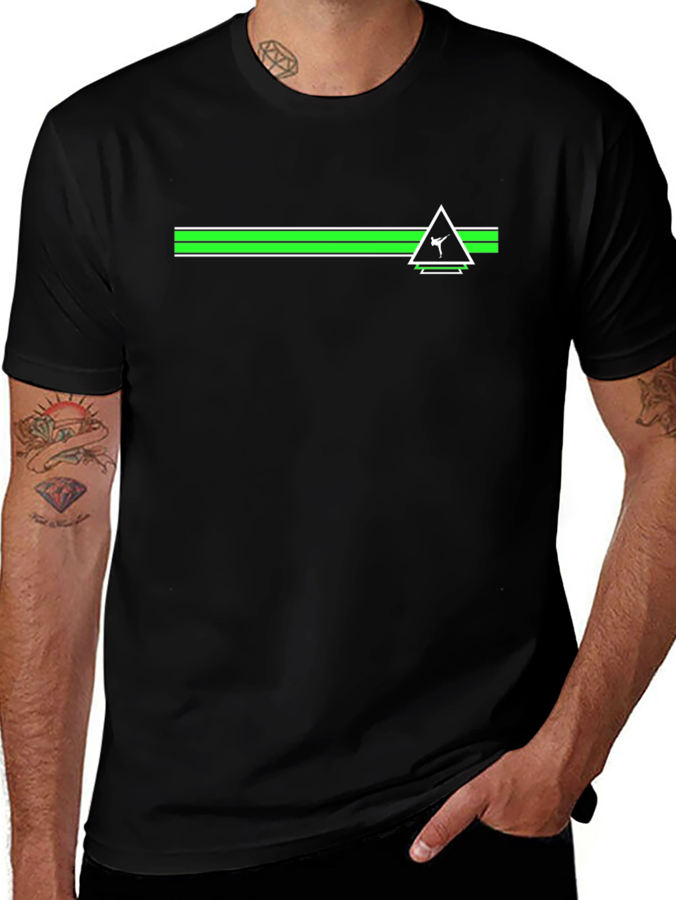 Black Tee with Green Stripe and Triangle Graphic