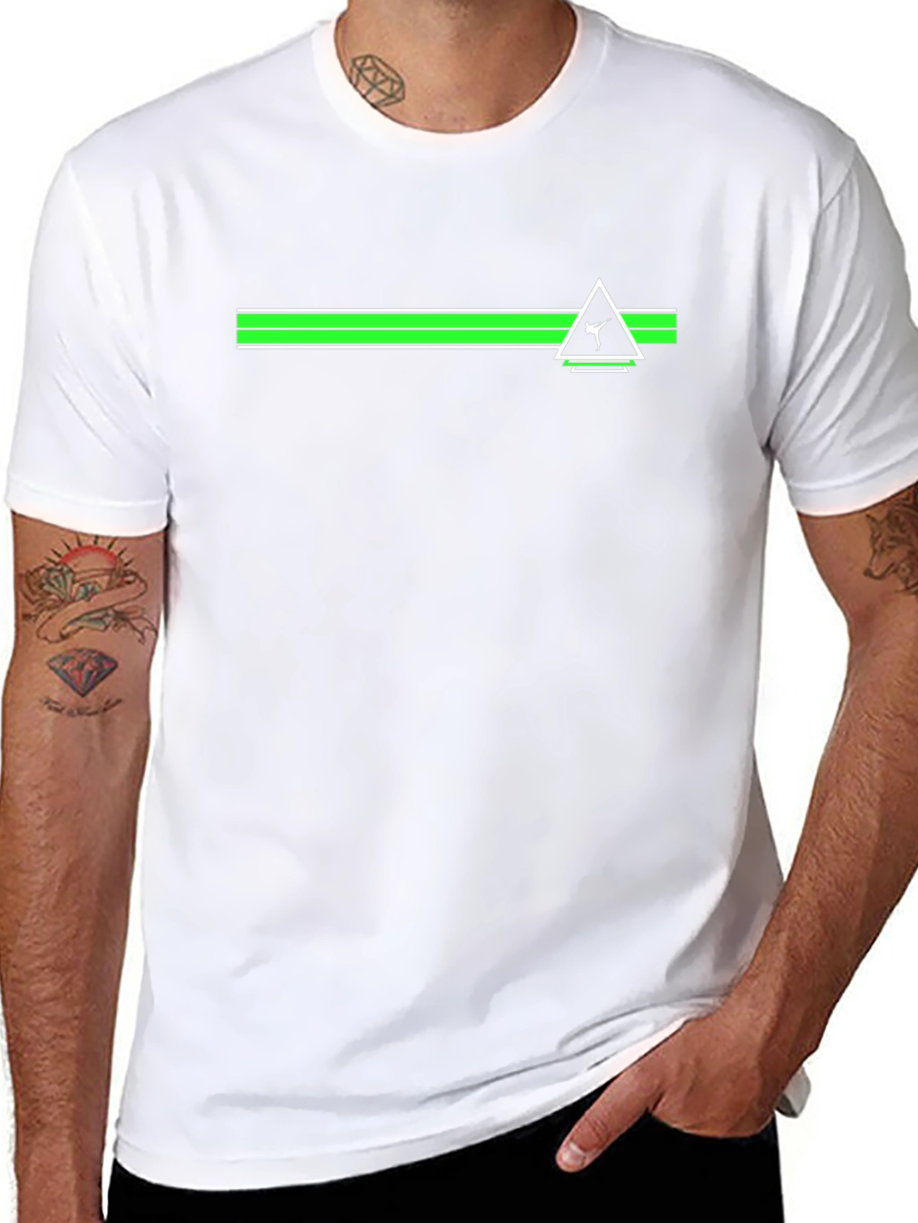 Black Tee with Green Stripe and Triangle Graphic