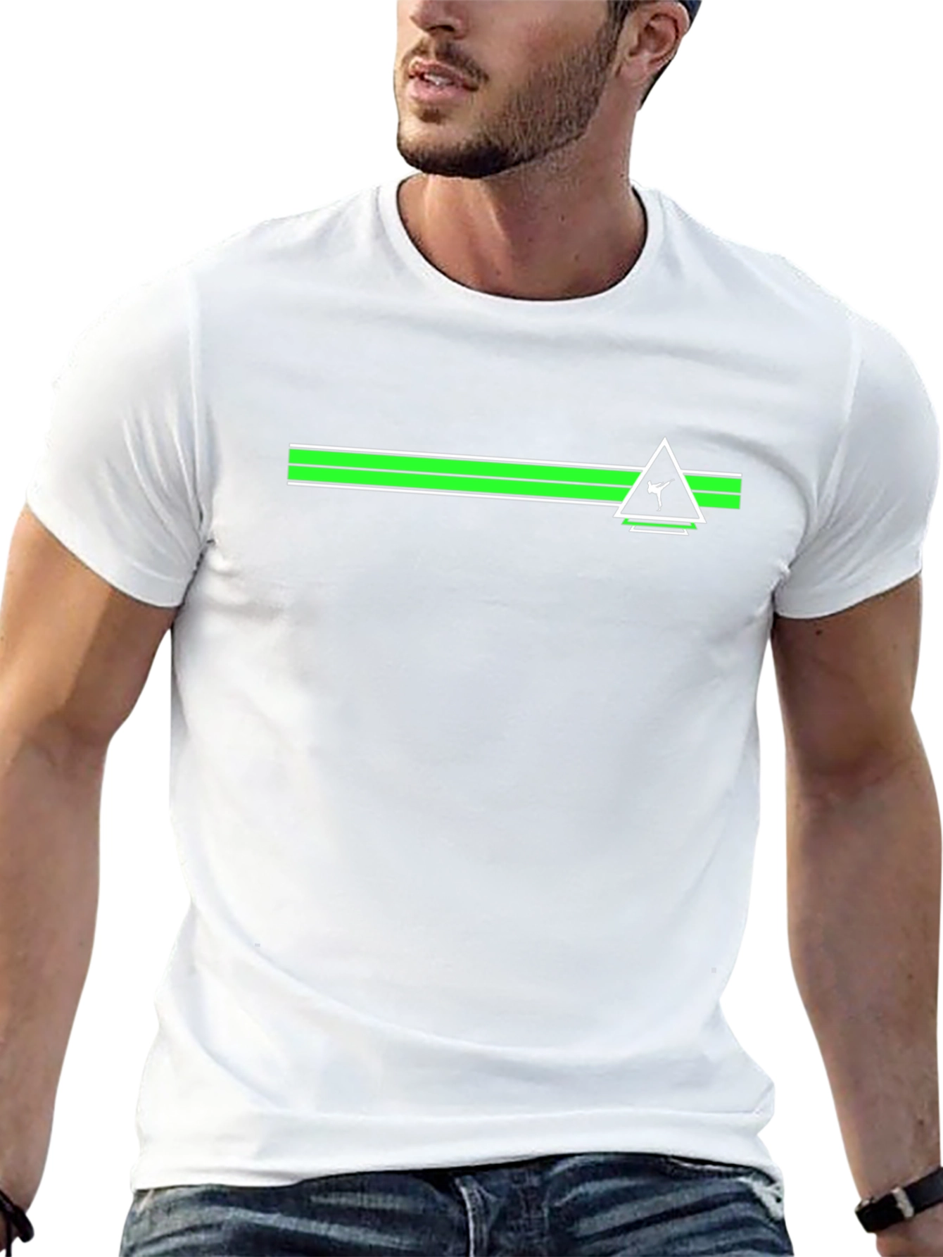 Black Tee with Green Stripe and Triangle Graphic