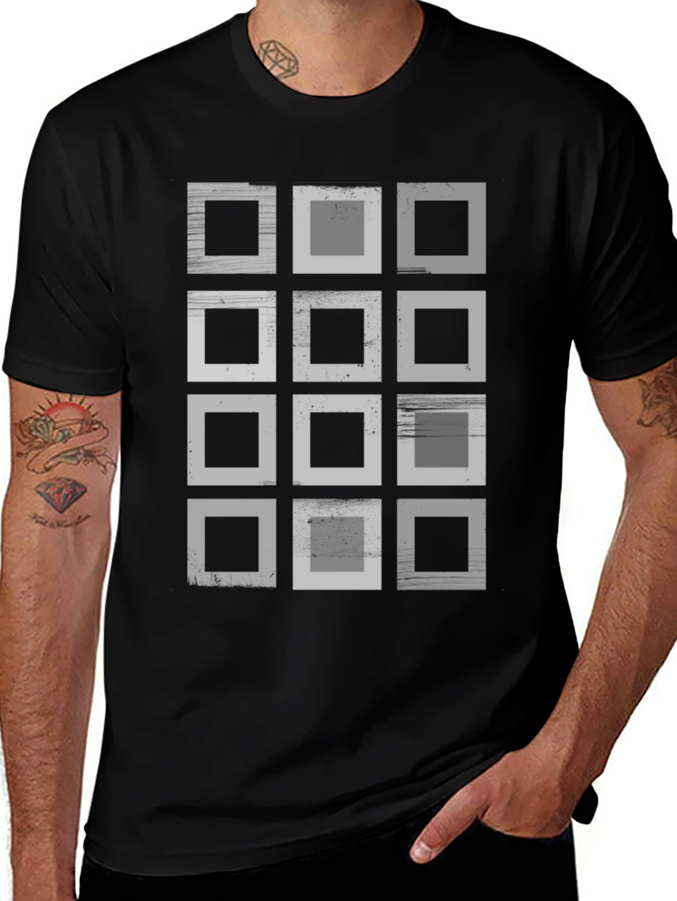 Abstract Geometric Squares Graphic Print Black T-Shirt