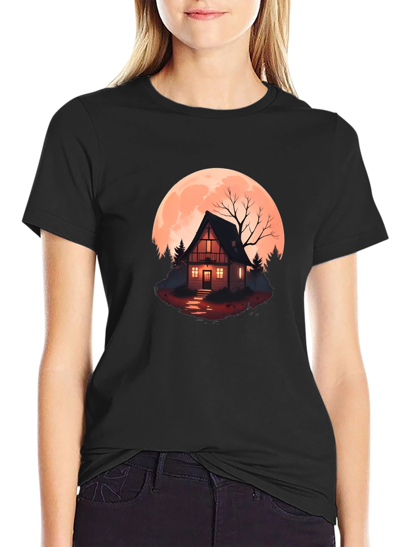 Haunted Cabin Moon Graphic Tee