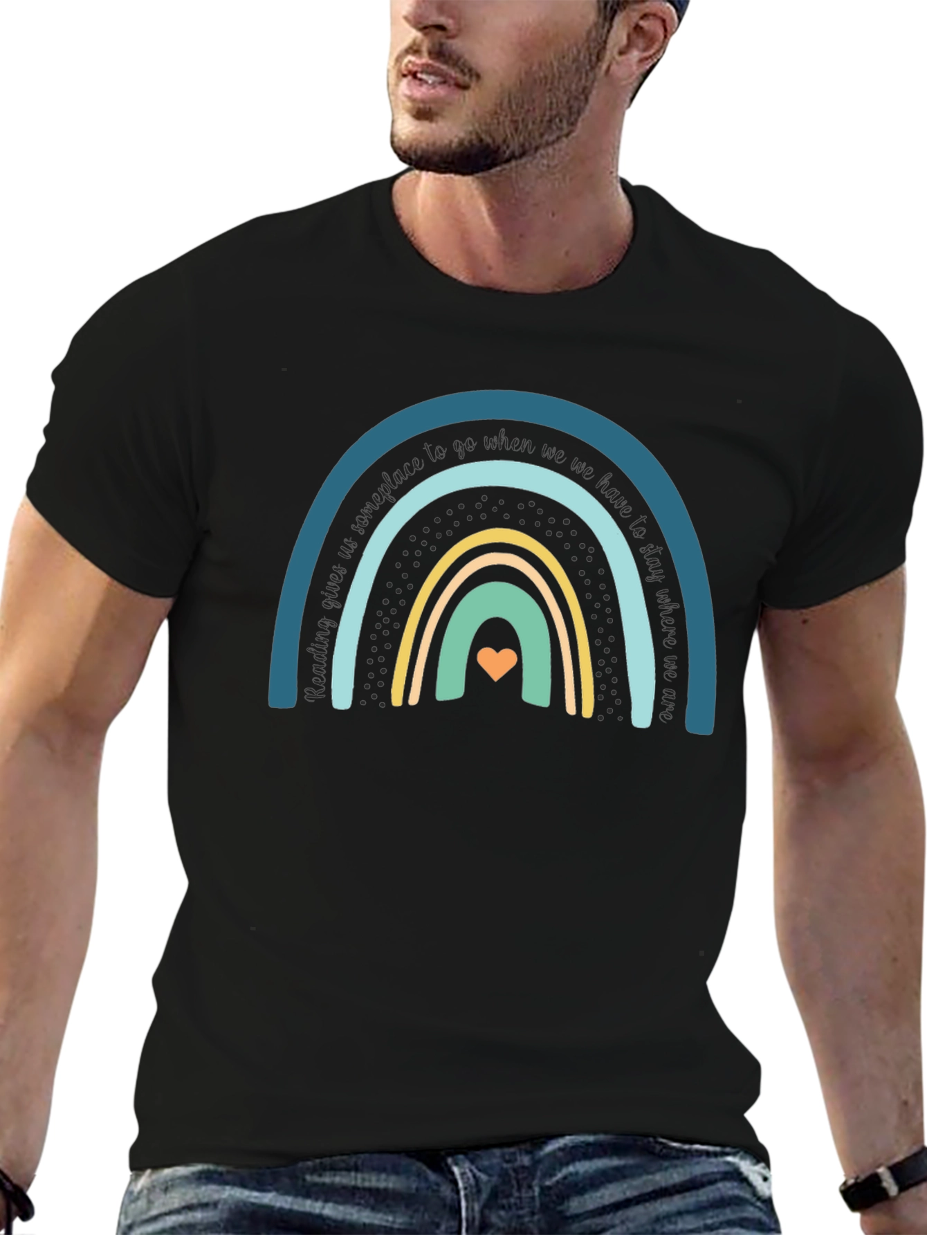 Rainbow Heart Graphic Tee - Unisex Black Cotton T-Shirt