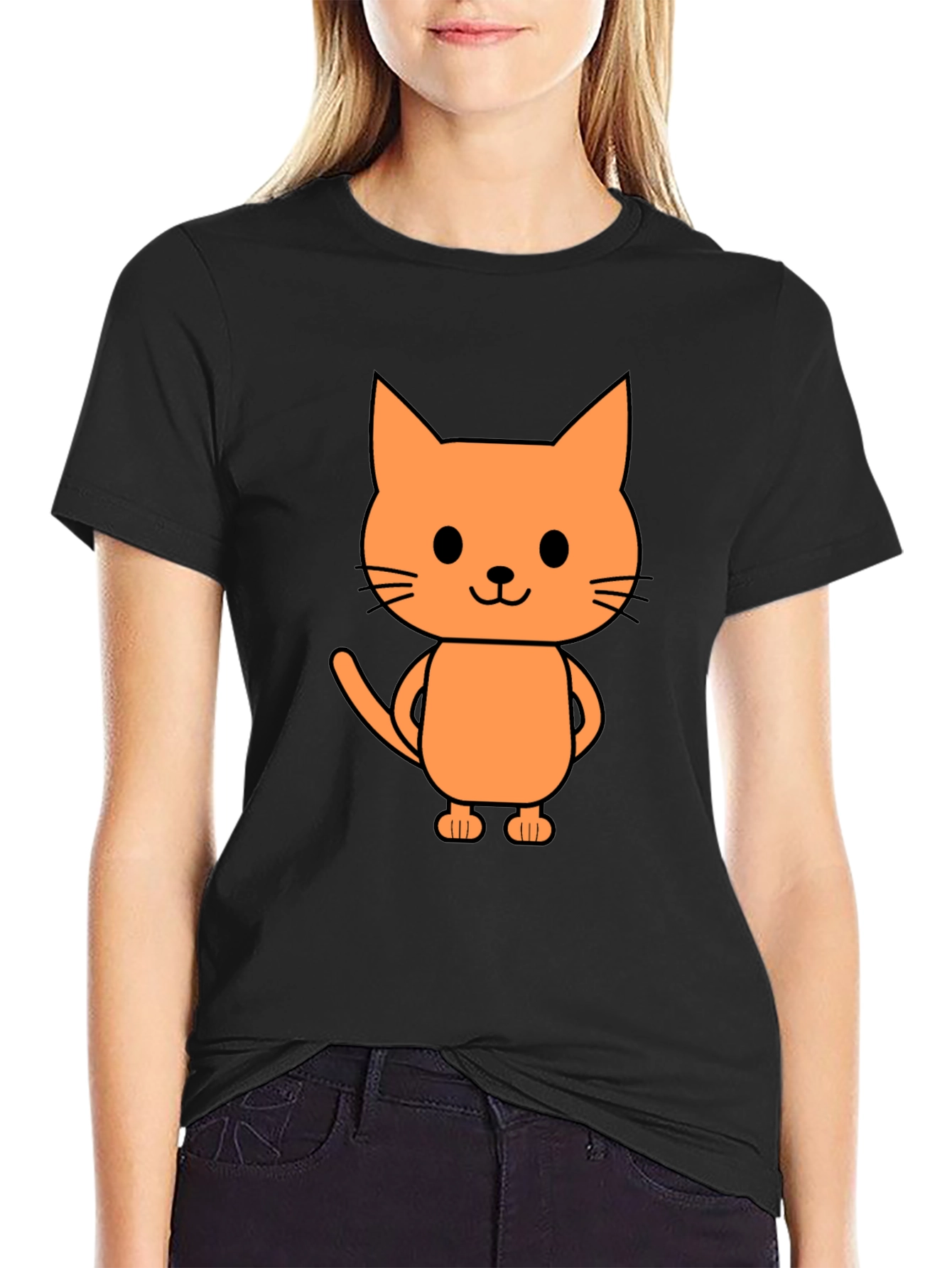 Cute Cartoon Cat Graphic Print Black T-Shirt